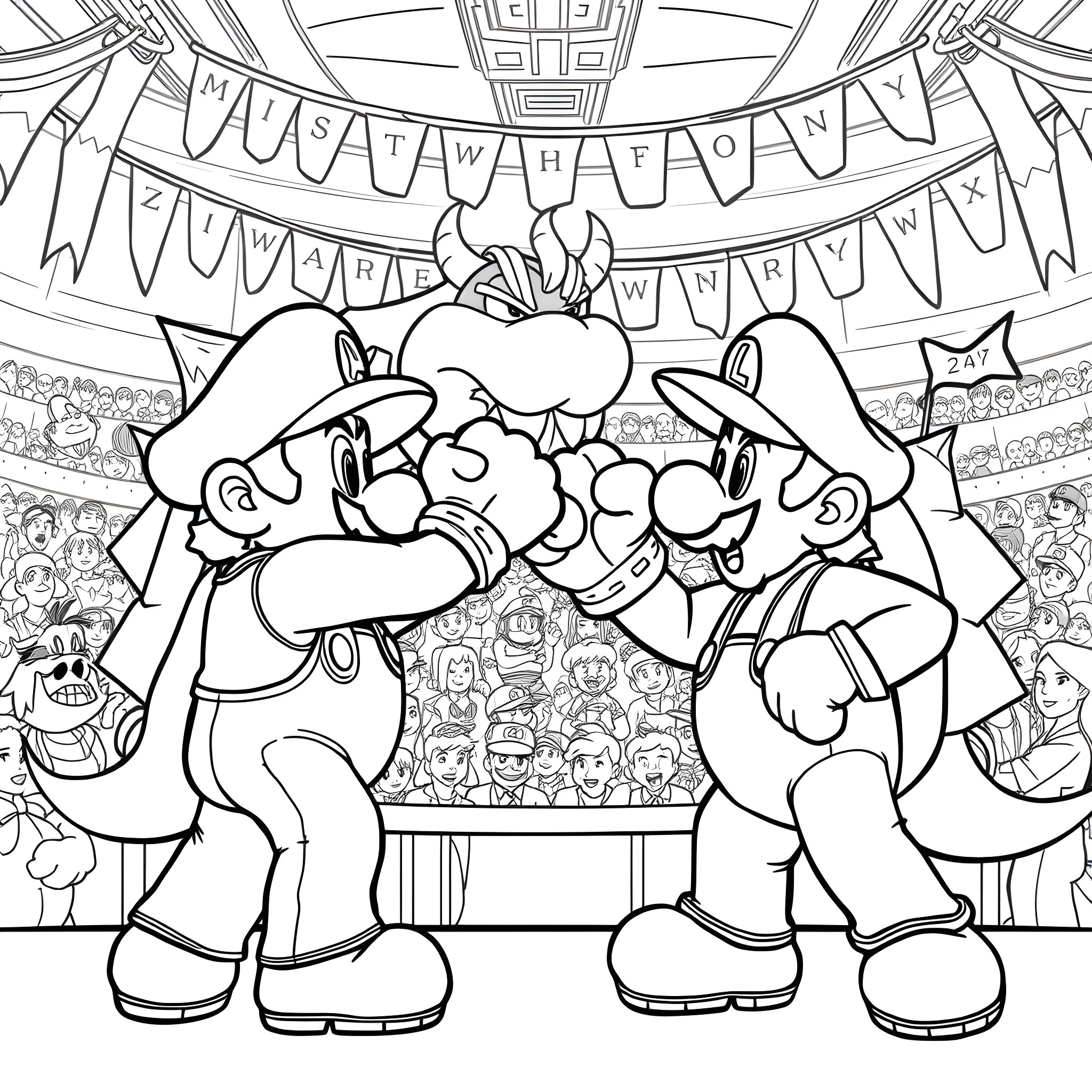 Mario and Friends Celebrating at a Party Coloring Page (free black-and-white line drawing printable PDF for all, from beginners to advanced learners, including children, teens, adults, and seniors)
