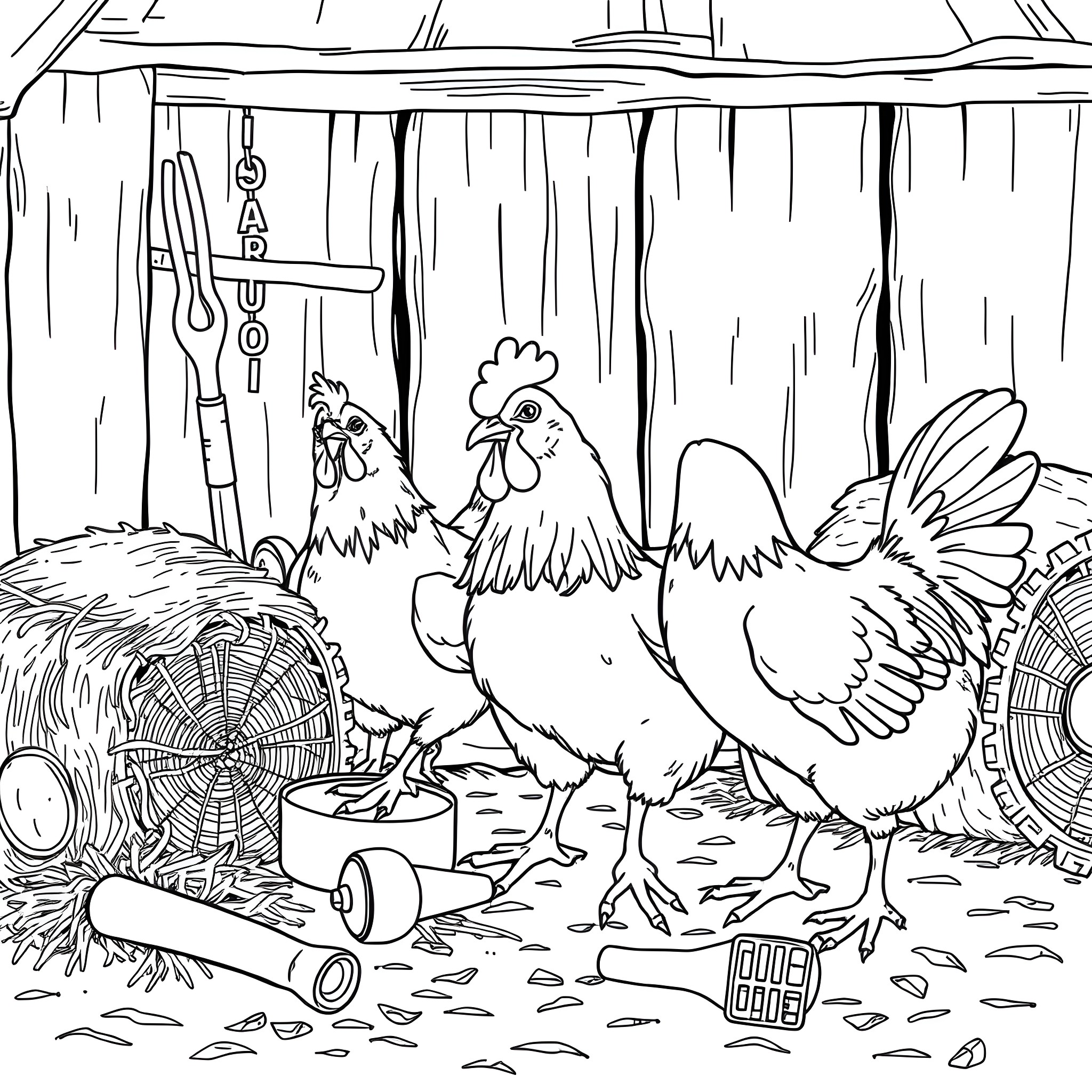 Chicken farm scene with tools and equipment Coloring Page (free black-and-white line drawing printable PDF for all, from beginners to advanced learners, including children, teens, adults, and seniors)
