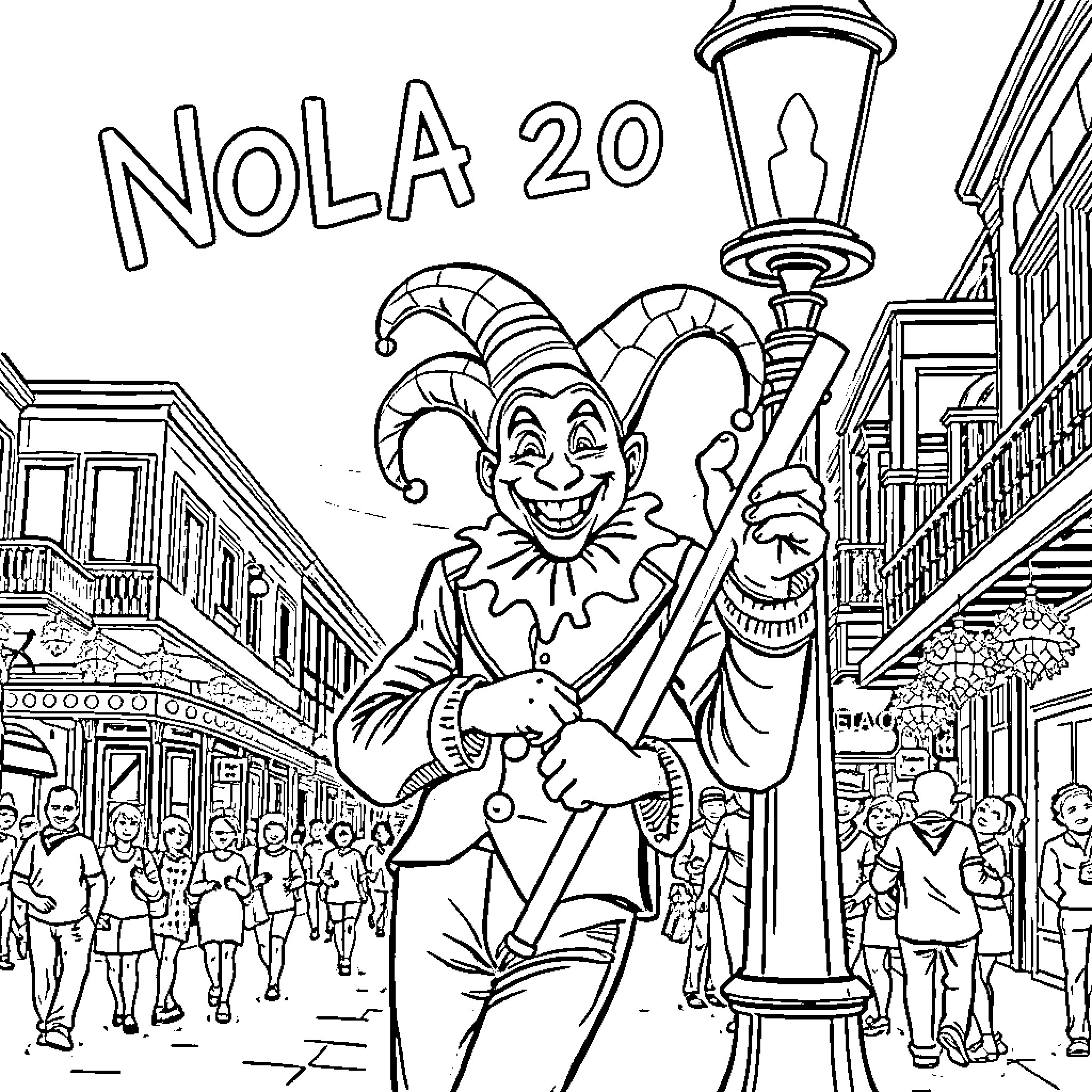 Jester in Colorful Costume Entertaining Crowd on Bustling Street Coloring Page (free black-and-white line drawing printable PDF for all, from beginners to advanced learners, including children, teens, adults, and seniors)