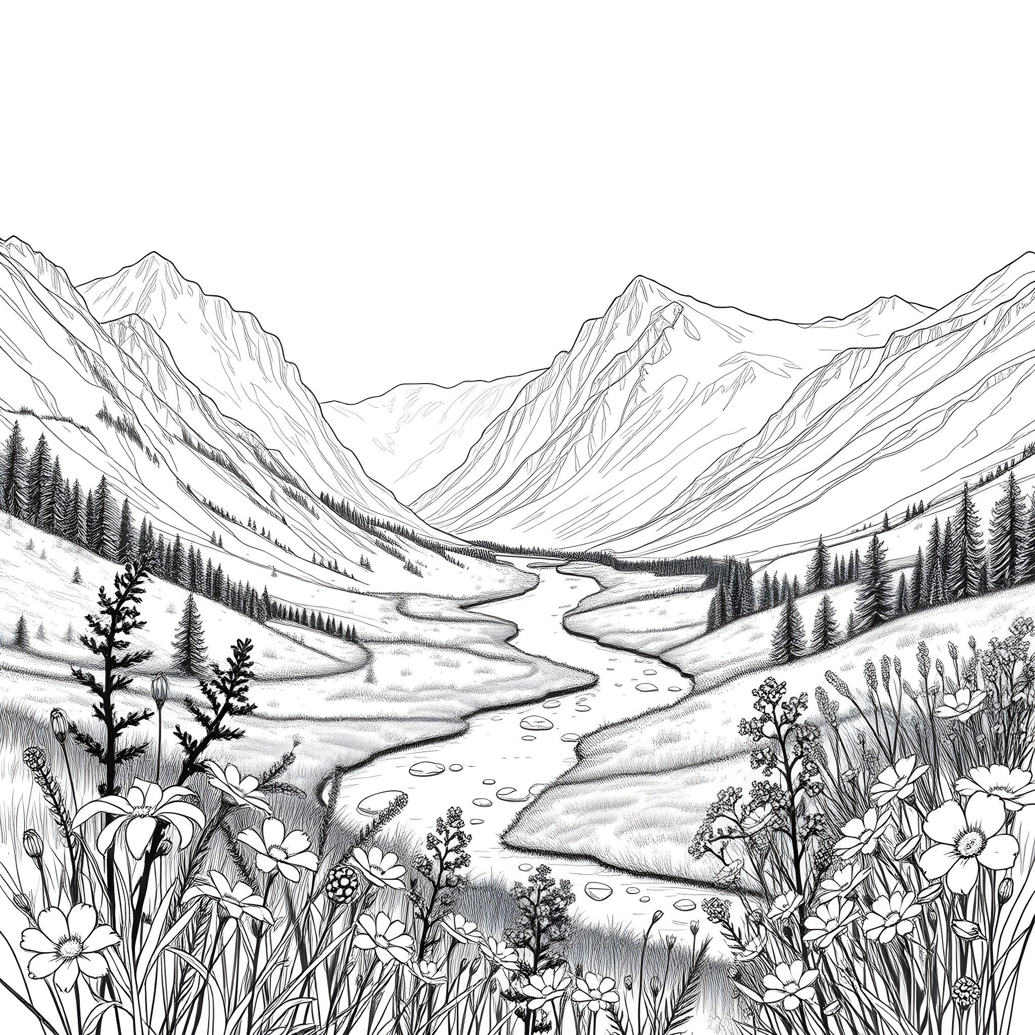 Mountain landscape with a winding river and wildflowers Coloring Page (free black-and-white line drawing printable PDF for all, from beginners to advanced learners, including children, teens, adults, and seniors)