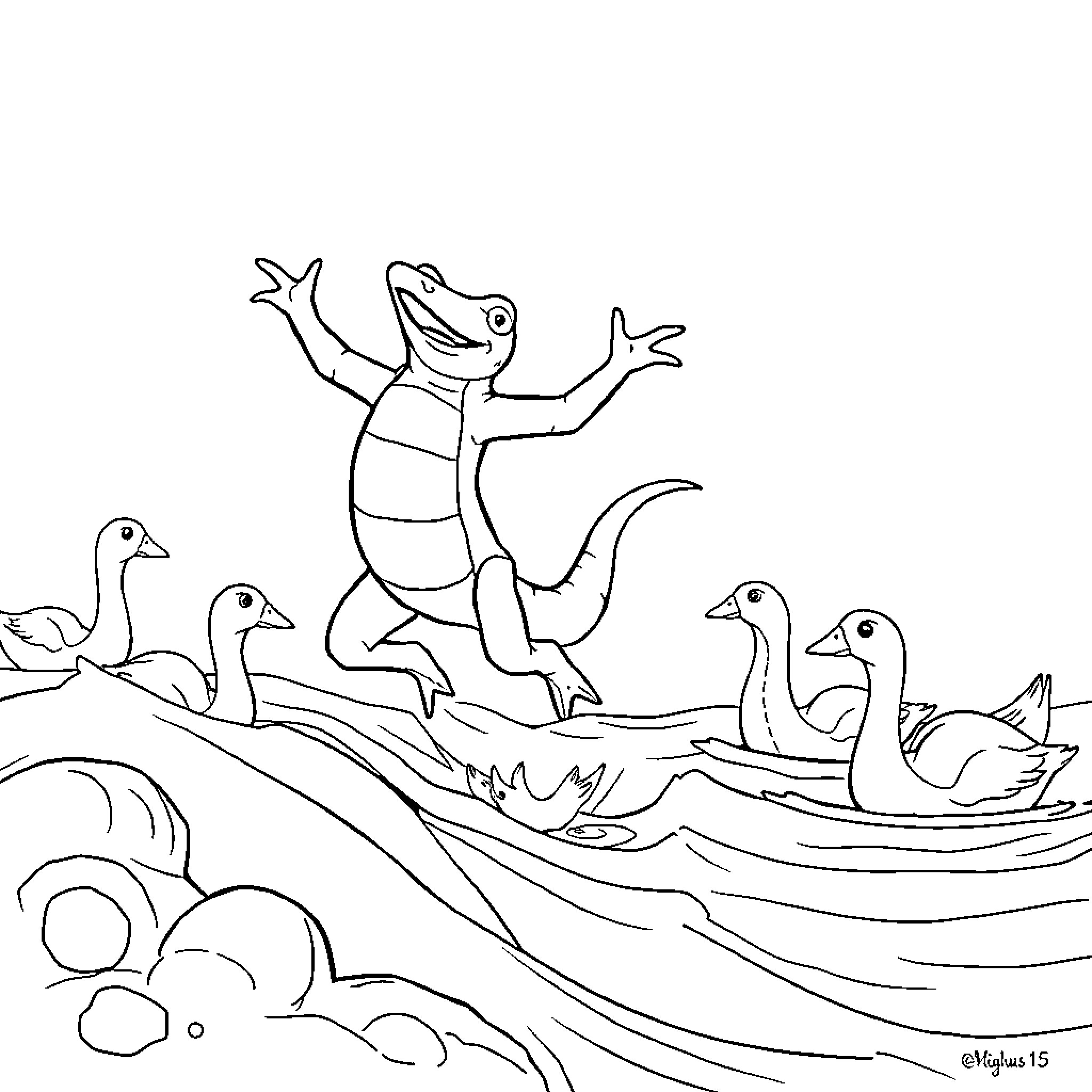 Frog dancing joyfully with ducks by the pond Coloring Page (free black-and-white line drawing printable PDF for all, from beginners to advanced learners, including children, teens, adults, and seniors)