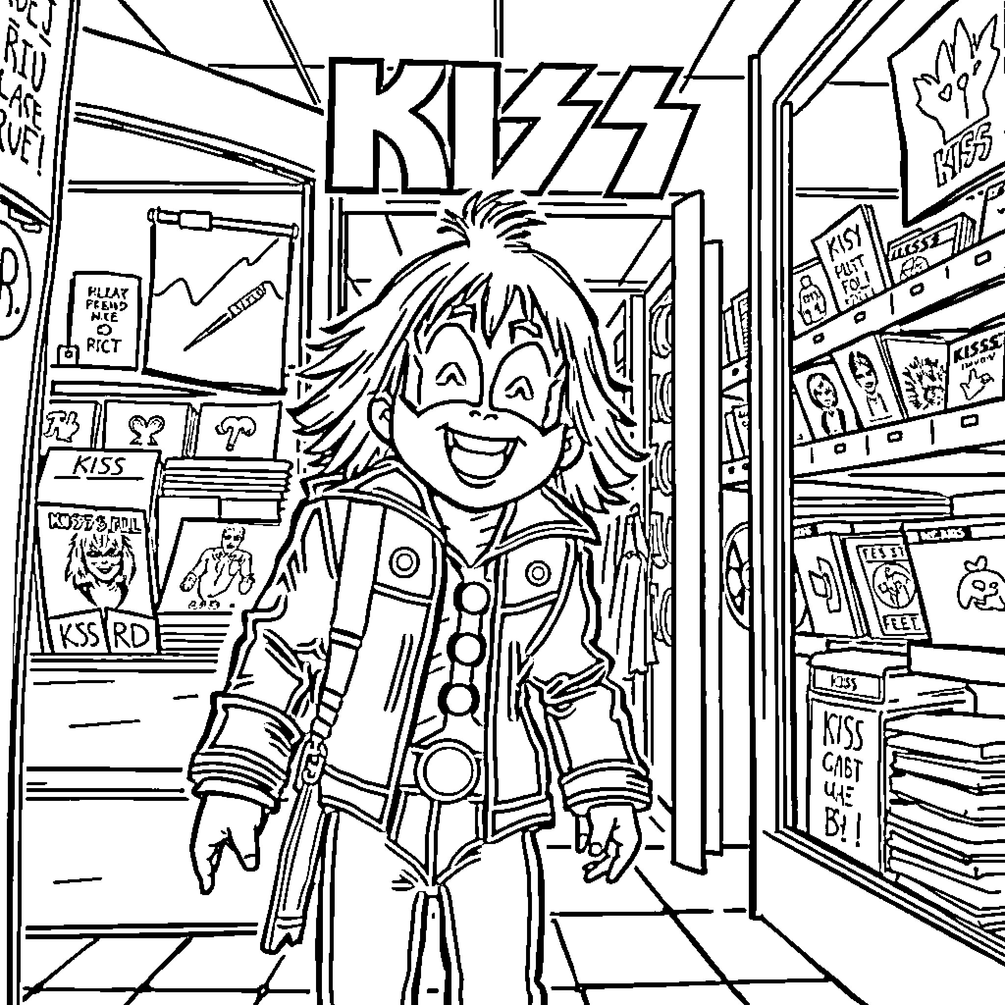 Kiss the Lead Singer of a Rock Band Coloring Page (free black-and-white line drawing printable PDF for all, from beginners to advanced learners, including children, teens, adults, and seniors)