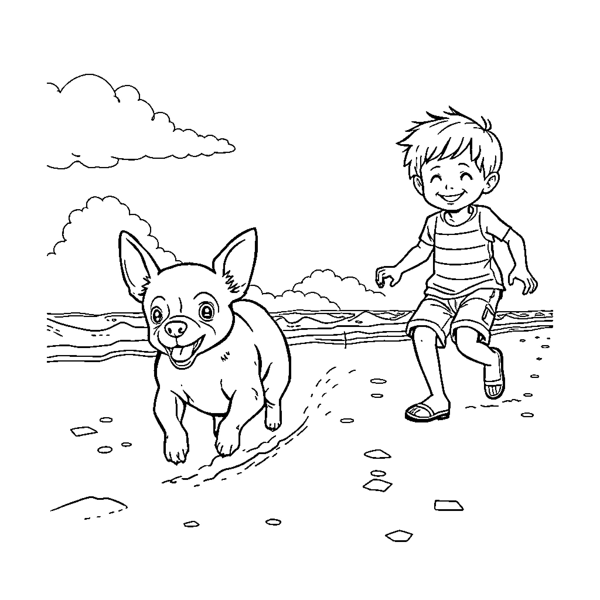 Chihuahua playing fetch with a young boy on the beach Coloring Page (free black-and-white line drawing printable PDF for all, from beginners to advanced learners, including children, teens, adults, and seniors)