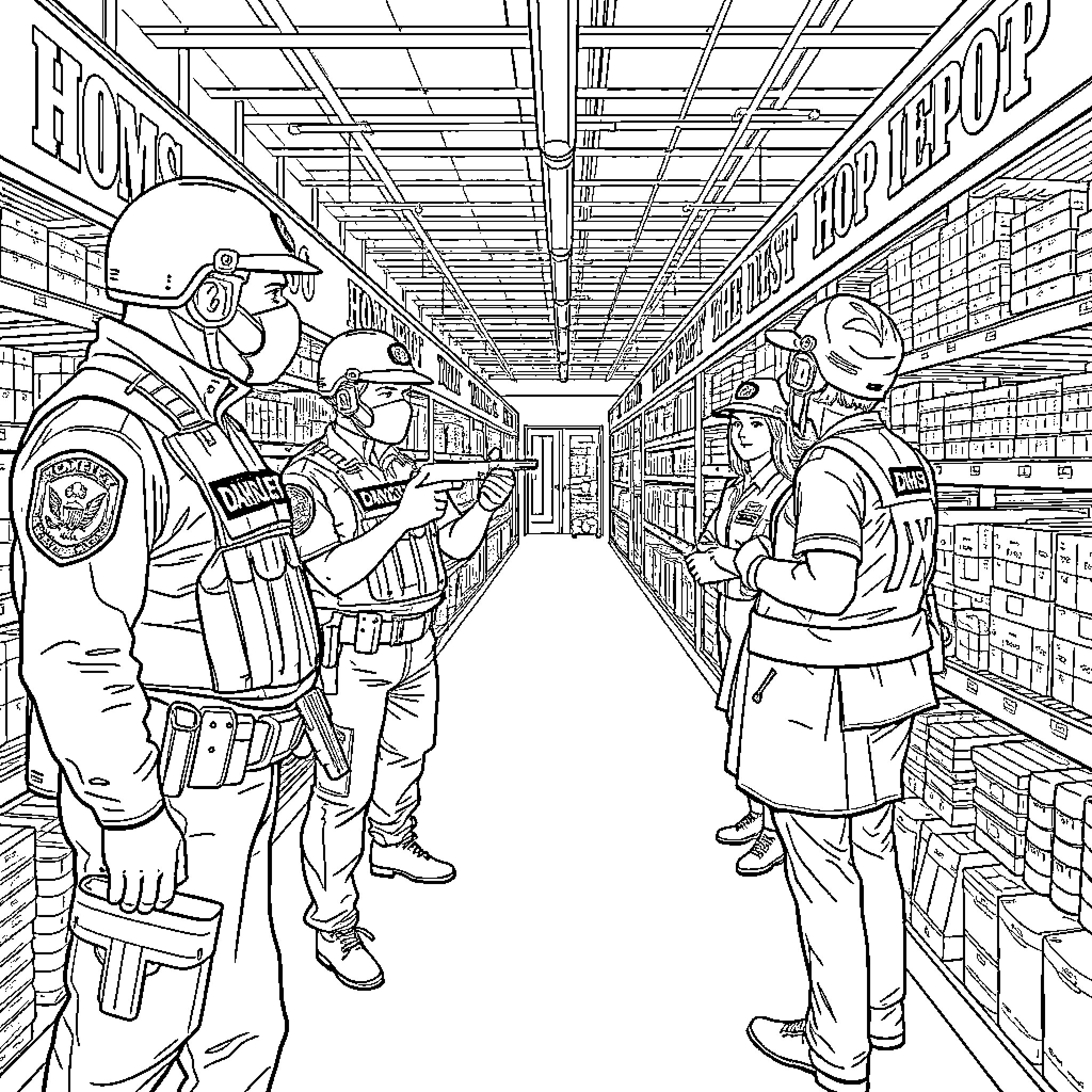 DHS Agents Inspecting Warehouse Operations Coloring Page (free black-and-white line drawing printable PDF for all, from beginners to advanced learners, including children, teens, adults, and seniors)