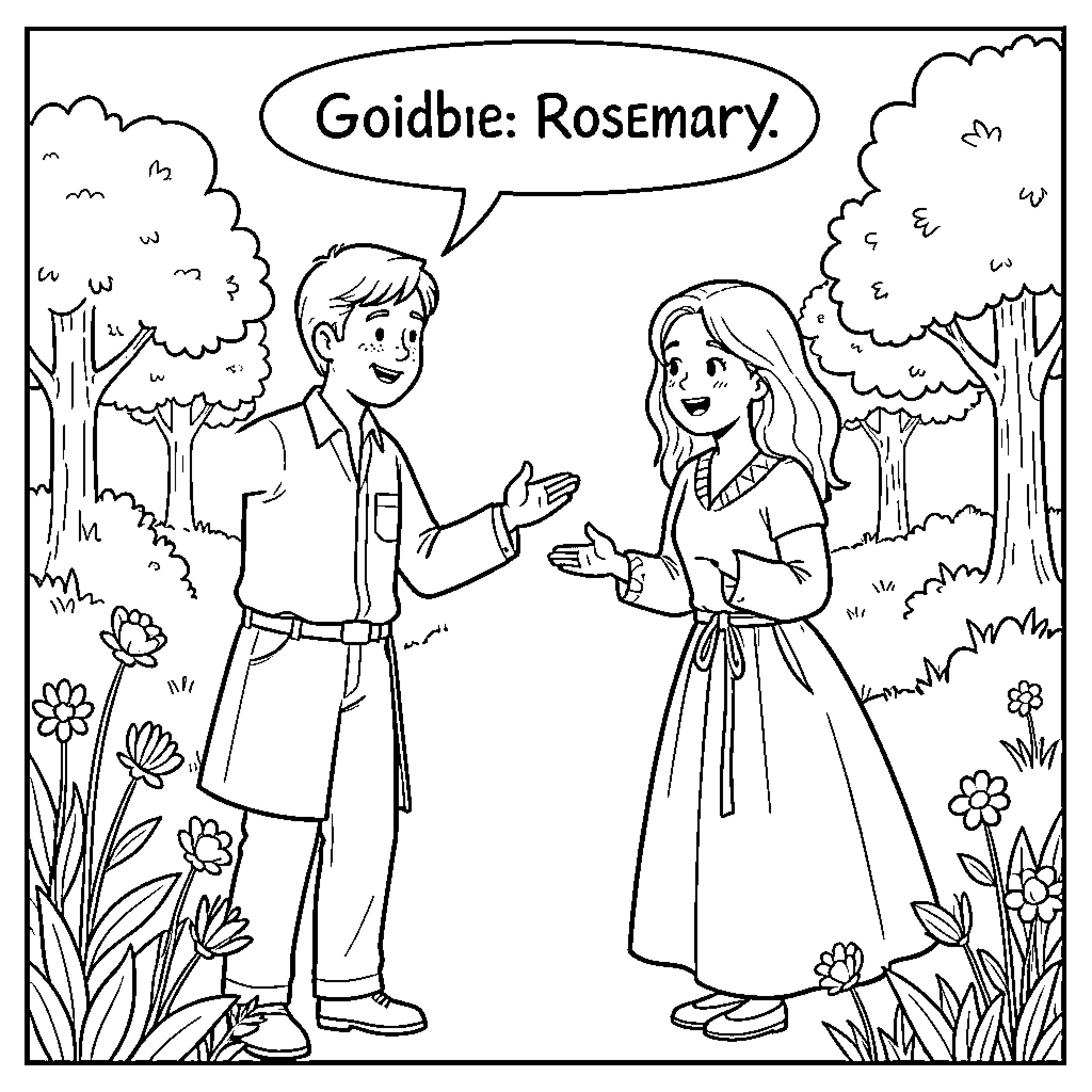Rosemary greeting a boy in a flowery garden Coloring Page (free black-and-white line drawing printable PDF for all, from beginners to advanced learners, including children, teens, adults, and seniors)