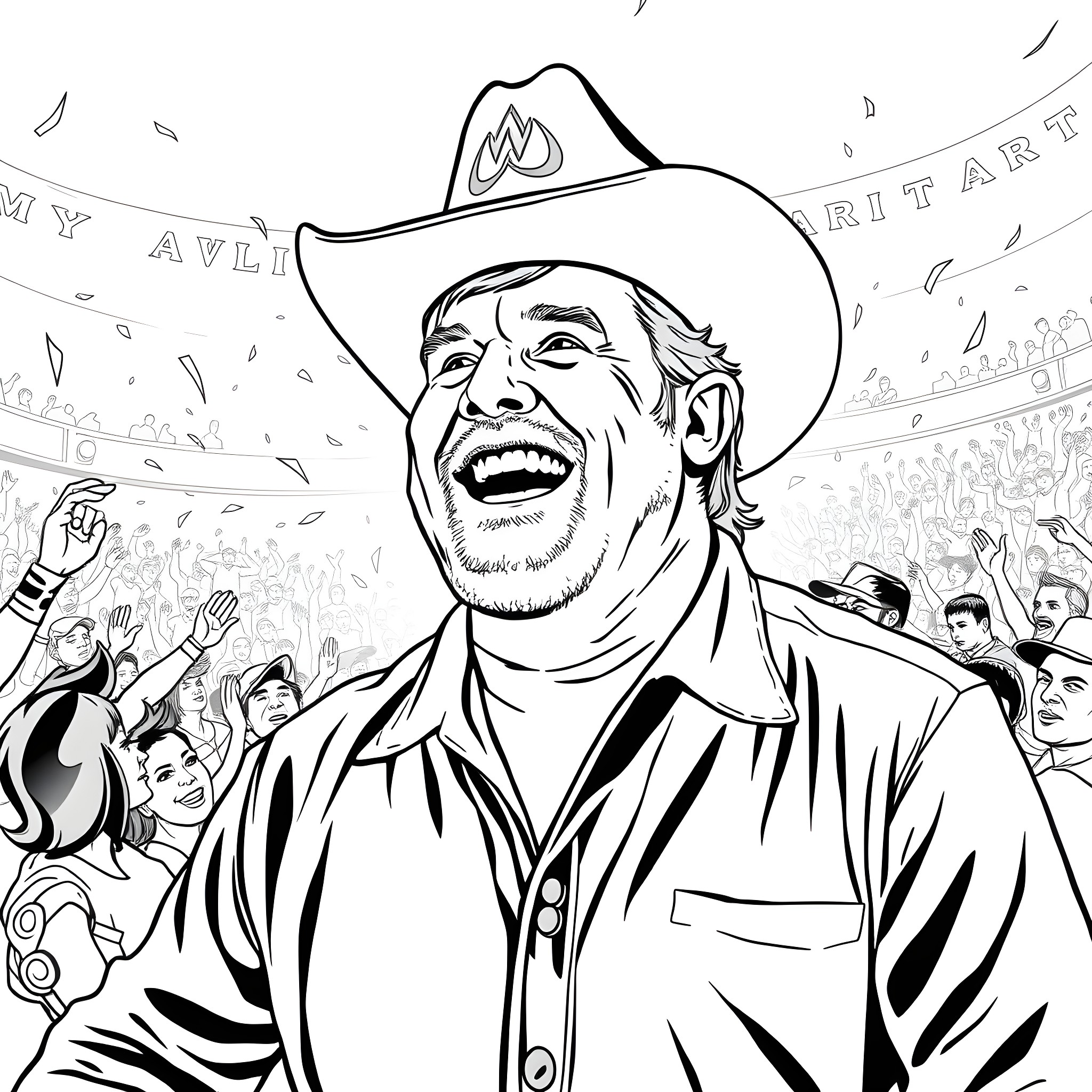 Dusty Rhodes celebrating in the ring with fans Coloring Page (free black-and-white line drawing printable PDF for all, from beginners to advanced learners, including children, teens, adults, and seniors)