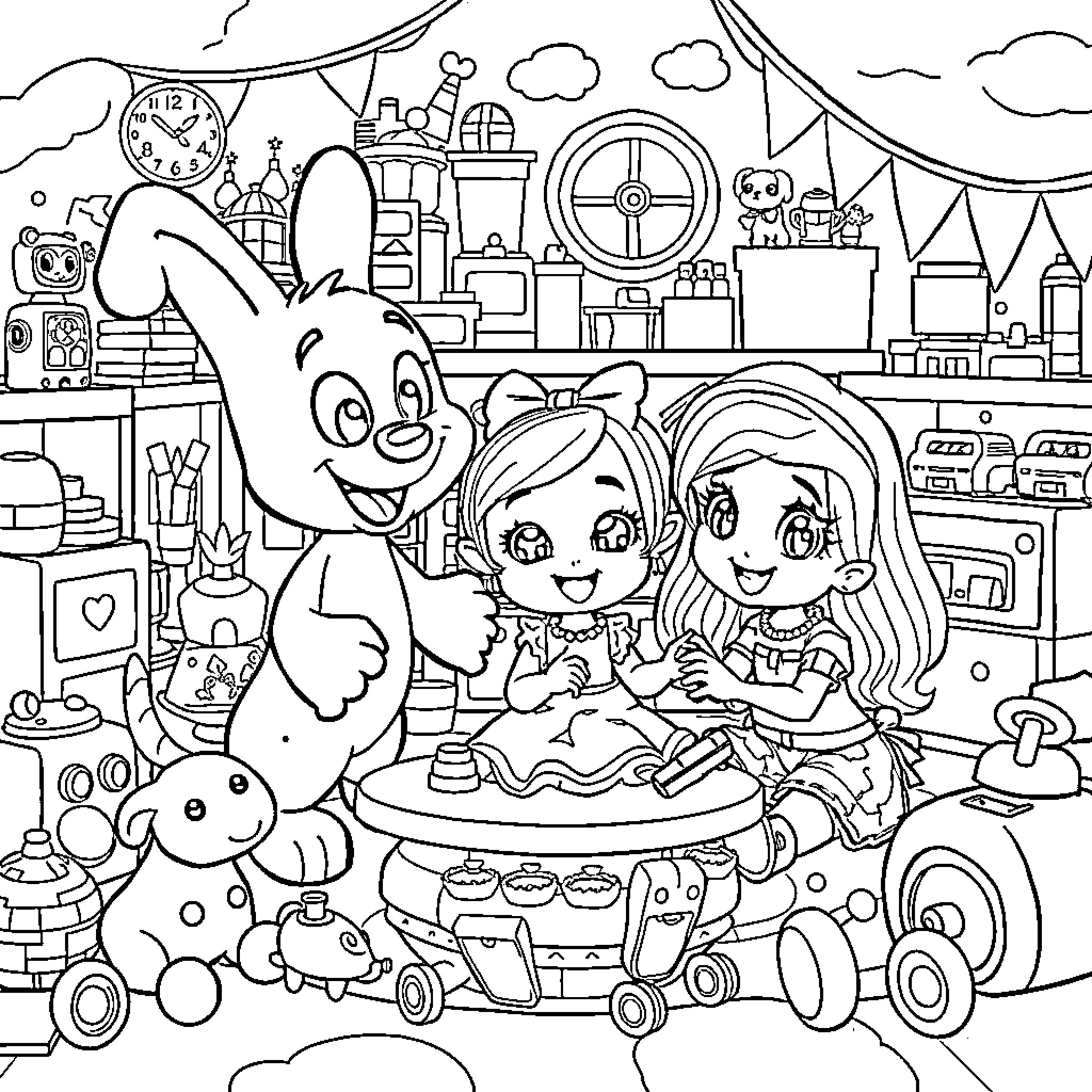Bluey and Friends at the Carnival Coloring Page (free black-and-white line drawing printable PDF for all, from beginners to advanced learners, including children, teens, adults, and seniors)