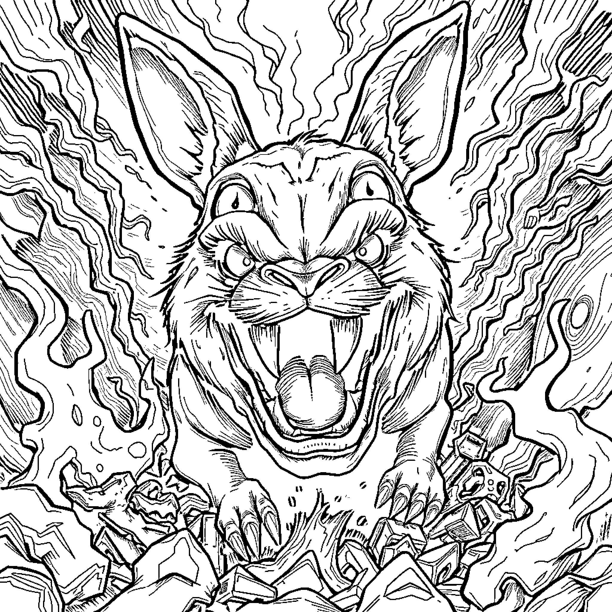 Rabbid emerging from chaotic swirl Coloring Page (free black-and-white line drawing printable PDF for all, from beginners to advanced learners, including children, teens, adults, and seniors)