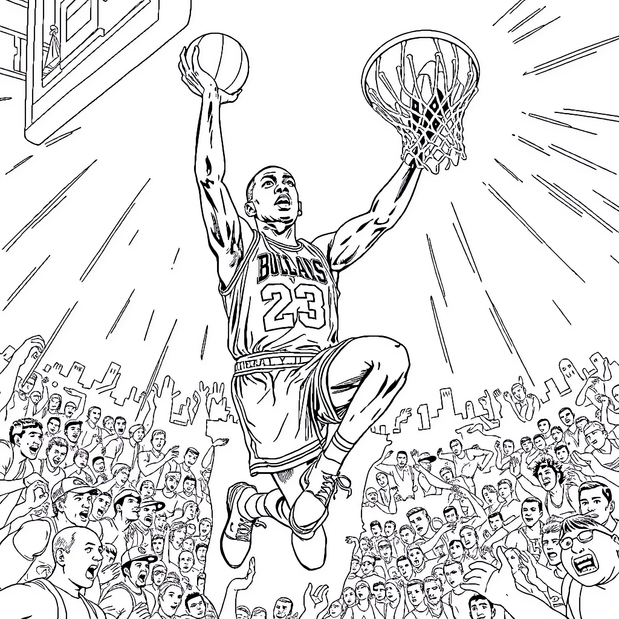 Michael Jordan's Legendary Basketball Slam Dunk Coloring Page (free black-and-white line drawing printable PDF for all, from beginners to advanced learners, including children, teens, adults, and seniors)