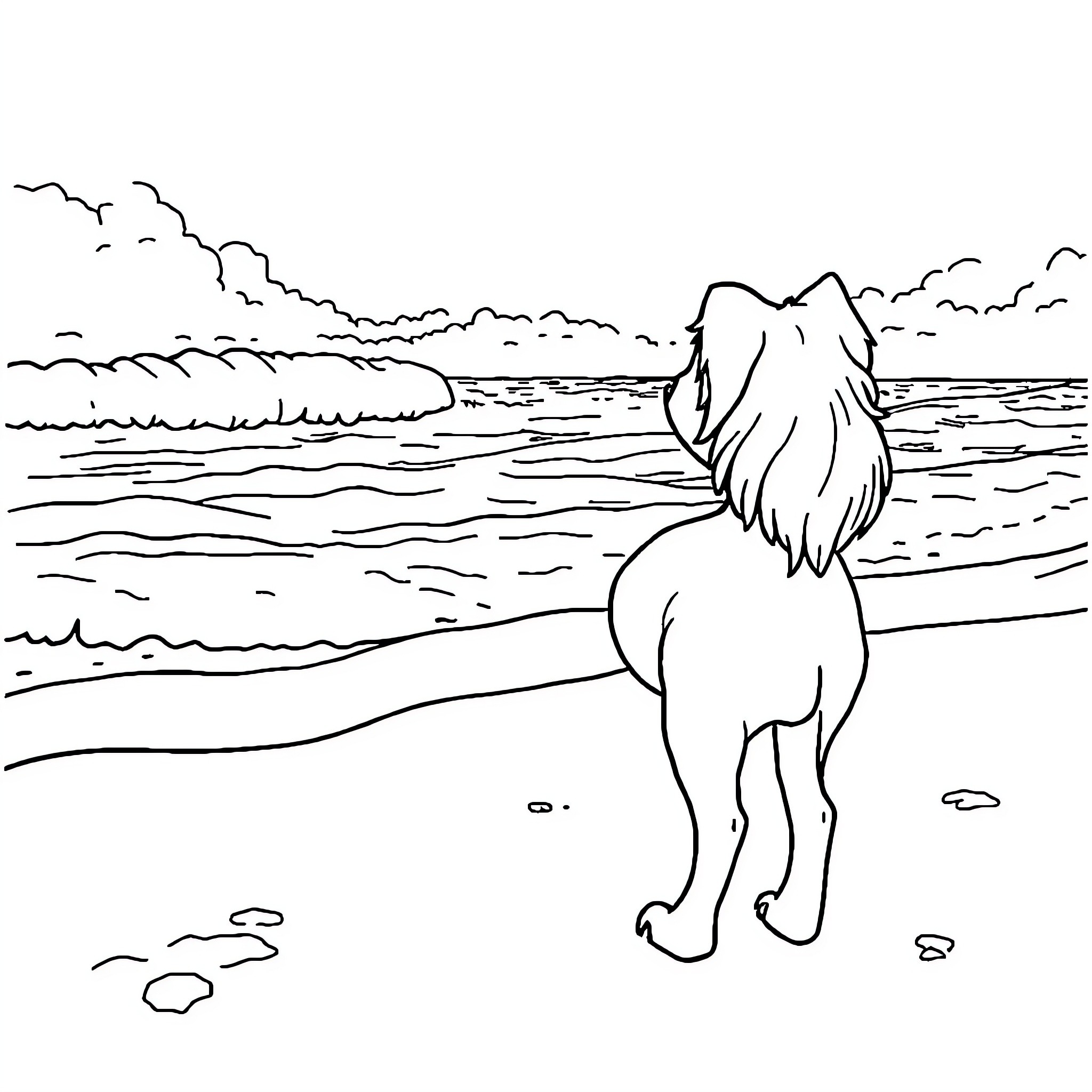 Stella enjoying the peaceful seaside landscape Coloring Page (free black-and-white line drawing printable PDF for all, from beginners to advanced learners, including children, teens, adults, and seniors)