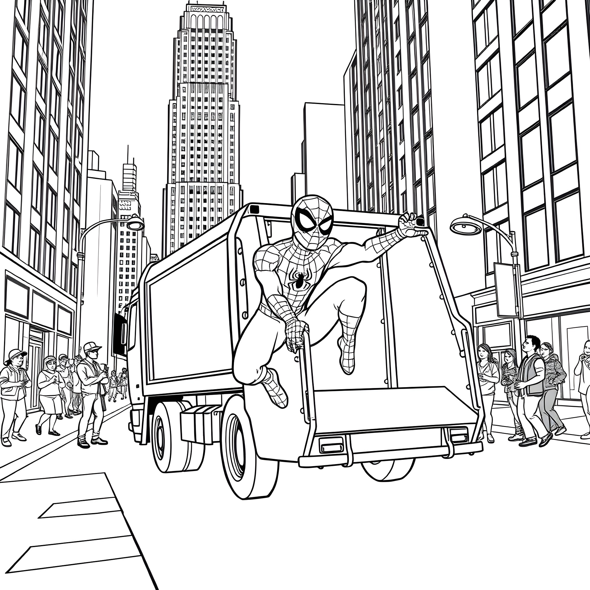 Garbage Truck Saving the Day with Spider-Man Coloring Page (free black-and-white line drawing printable PDF for all, from beginners to advanced learners, including children, teens, adults, and seniors)