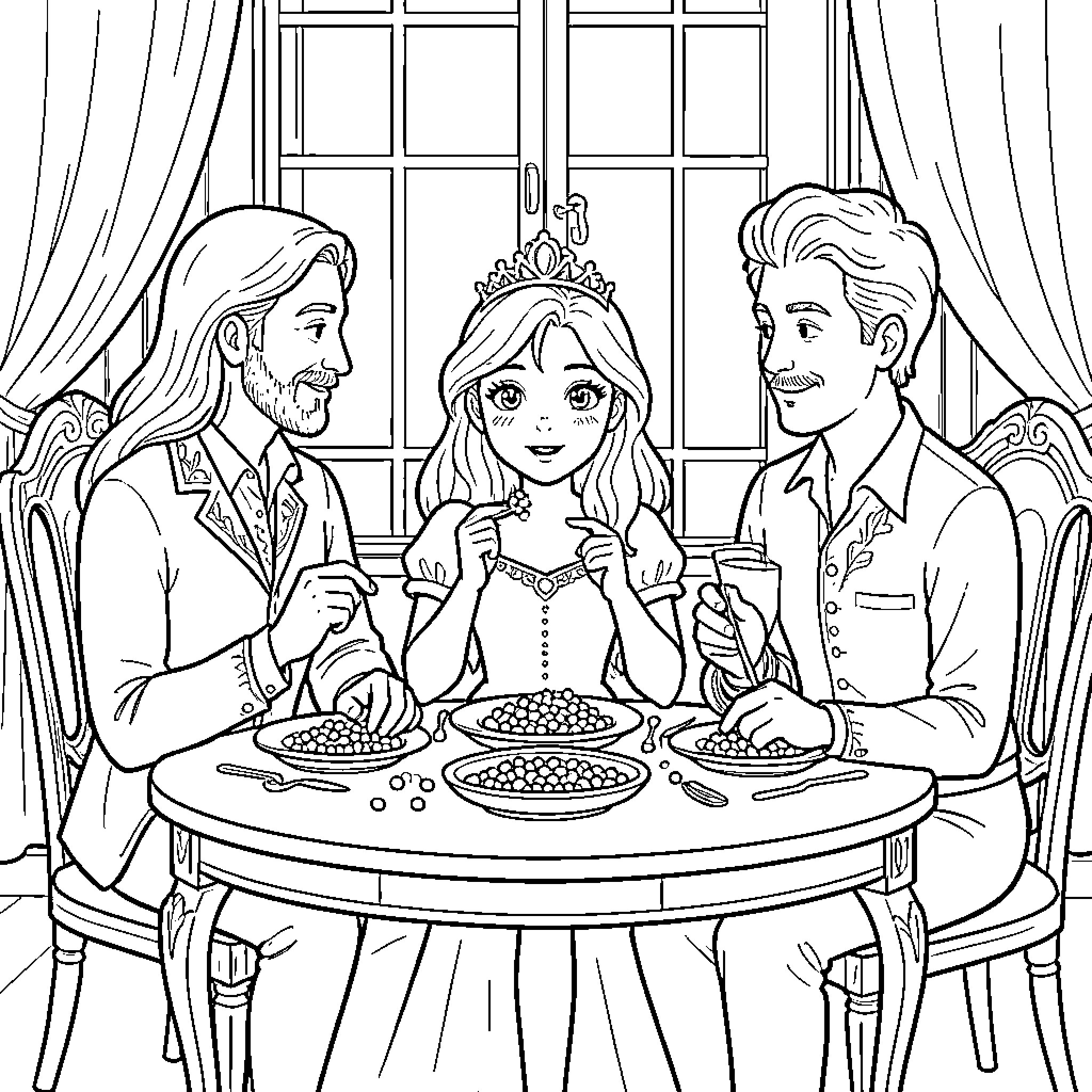 Princesse having a lovely meal with her family Coloring Page (free black-and-white line drawing printable PDF for all, from beginners to advanced learners, including children, teens, adults, and seniors)