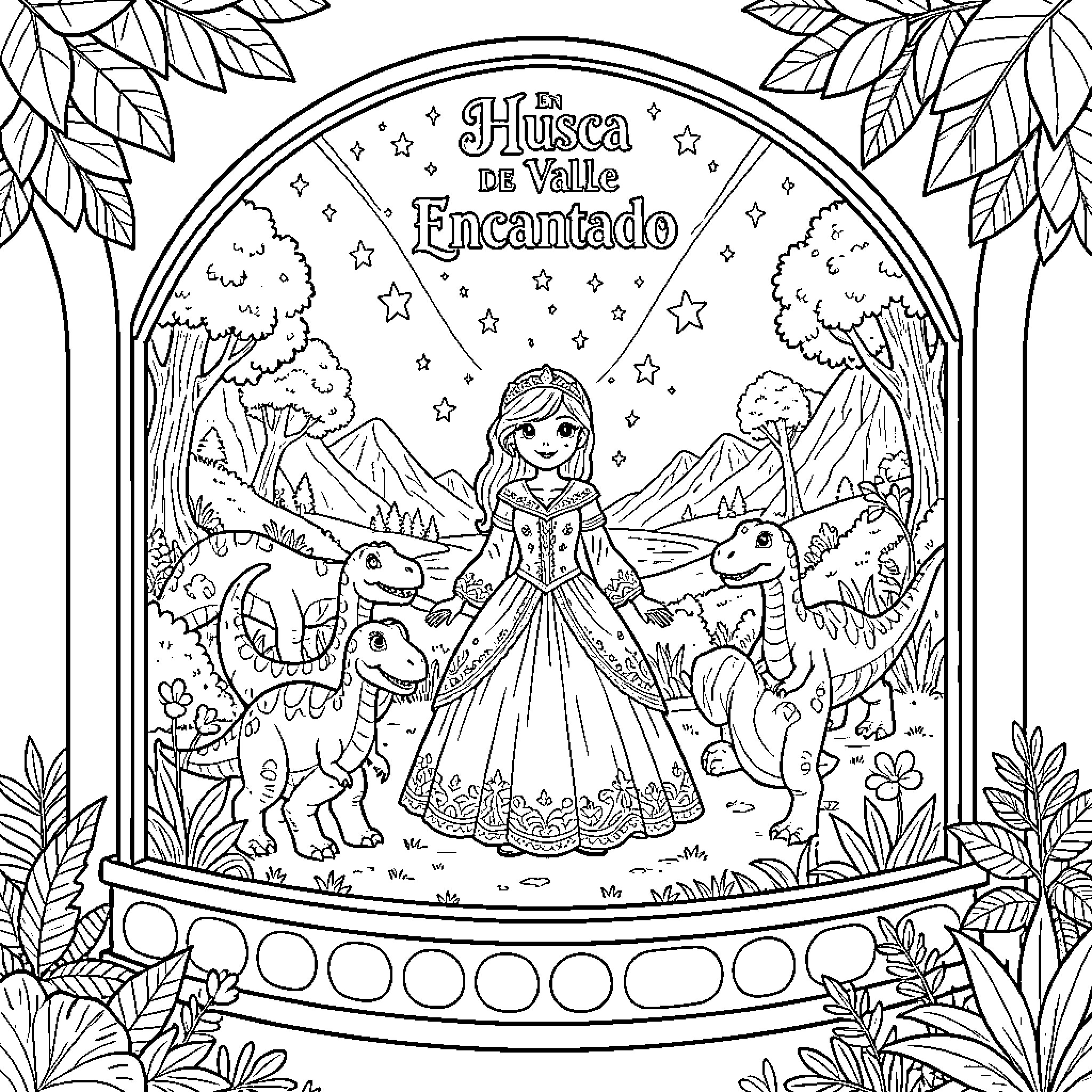 Hija Estrella in a magical forest with unicorns Coloring Page (free black-and-white line drawing printable PDF for all, from beginners to advanced learners, including children, teens, adults, and seniors)