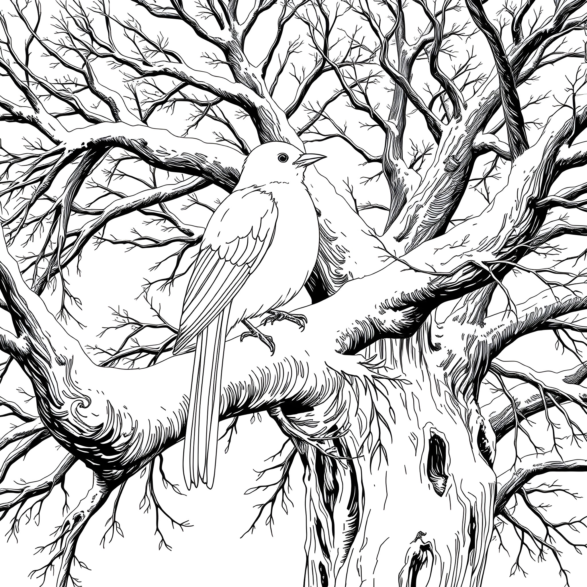 Passerina bird perched on a wintry tree branch Coloring Page (free black-and-white line drawing printable PDF for all, from beginners to advanced learners, including children, teens, adults, and seniors)