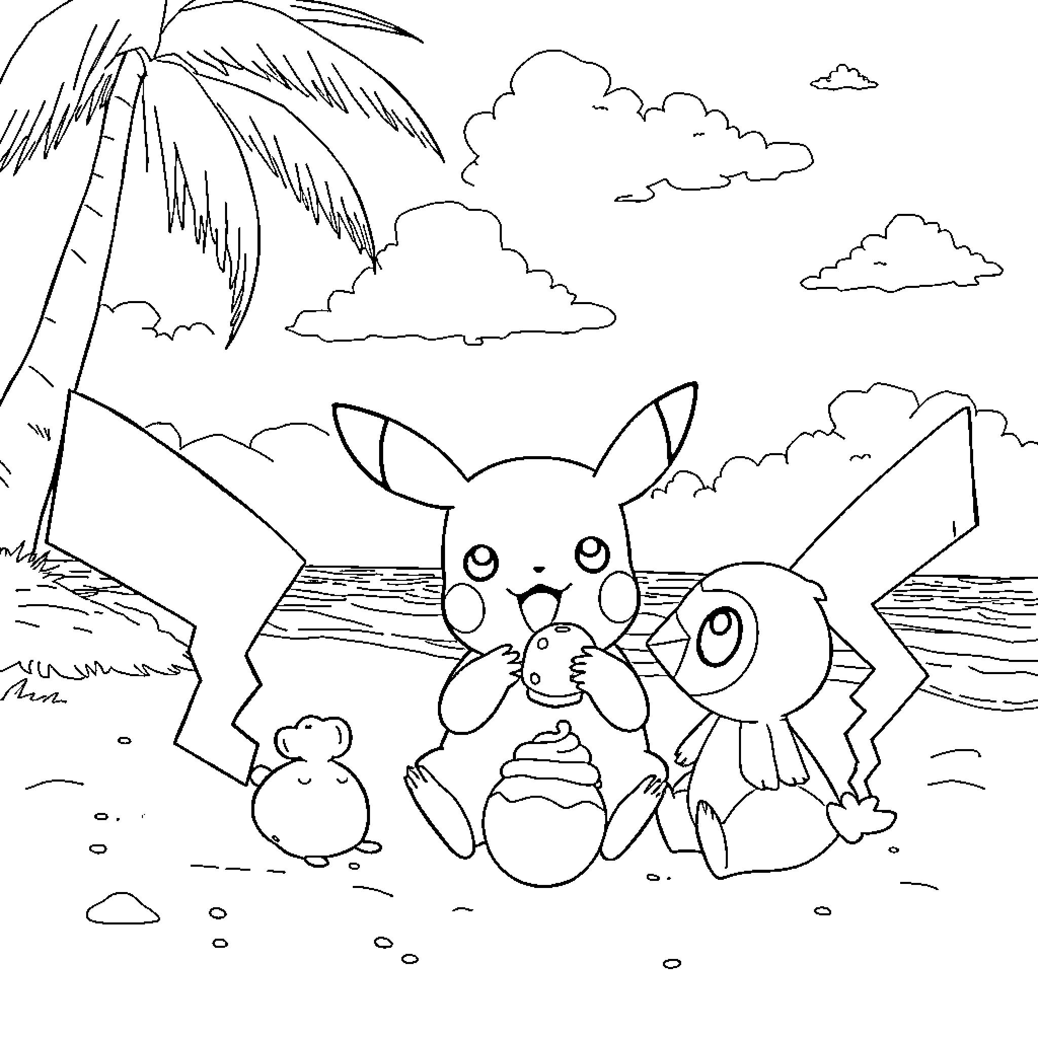 Pikachu relaxing on the beach with friends Coloring Page (free black-and-white line drawing printable PDF for all, from beginners to advanced learners, including children, teens, adults, and seniors)
