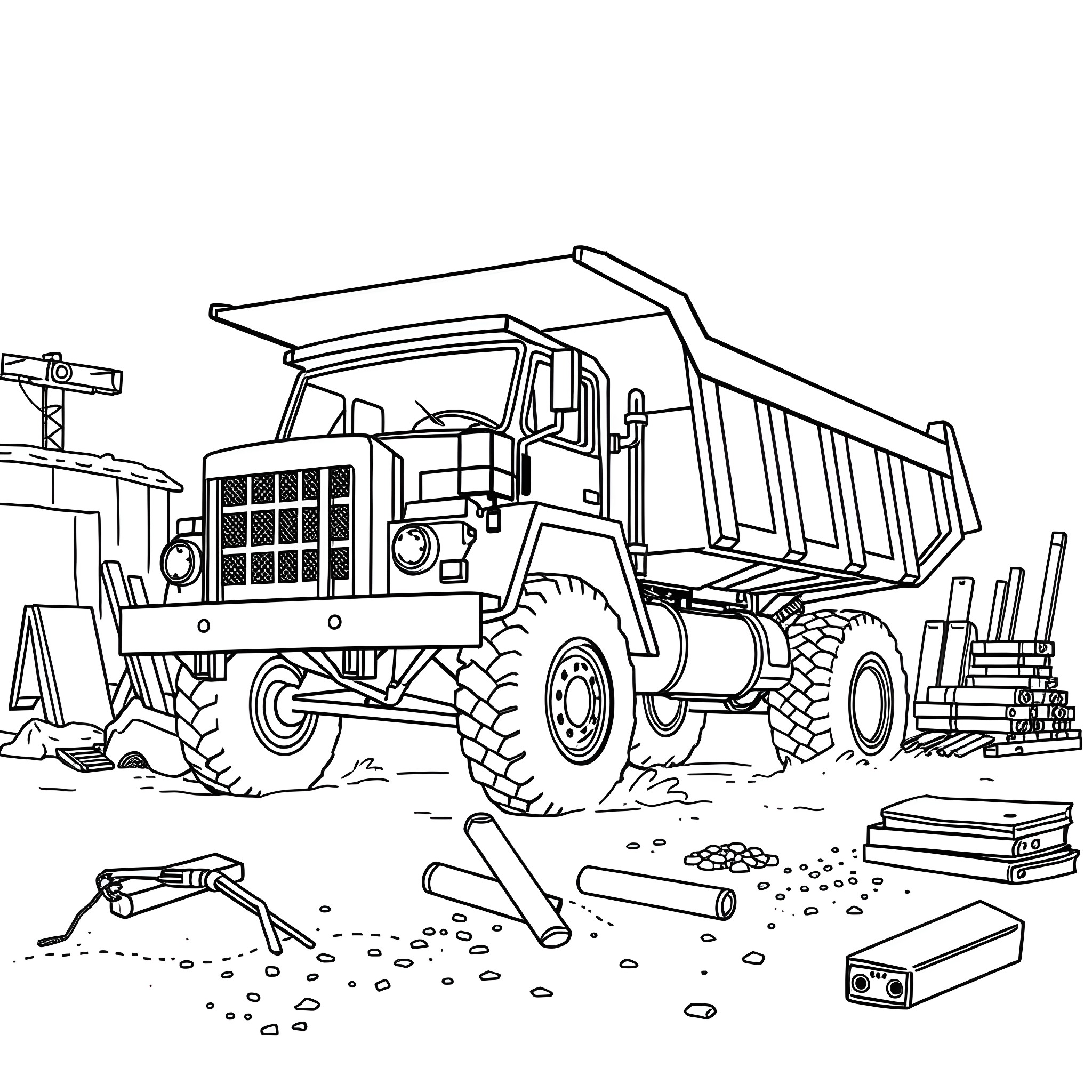 Dump Truck Loading Construction Materials Coloring Page (free black-and-white line drawing printable PDF for all, from beginners to advanced learners, including children, teens, adults, and seniors)