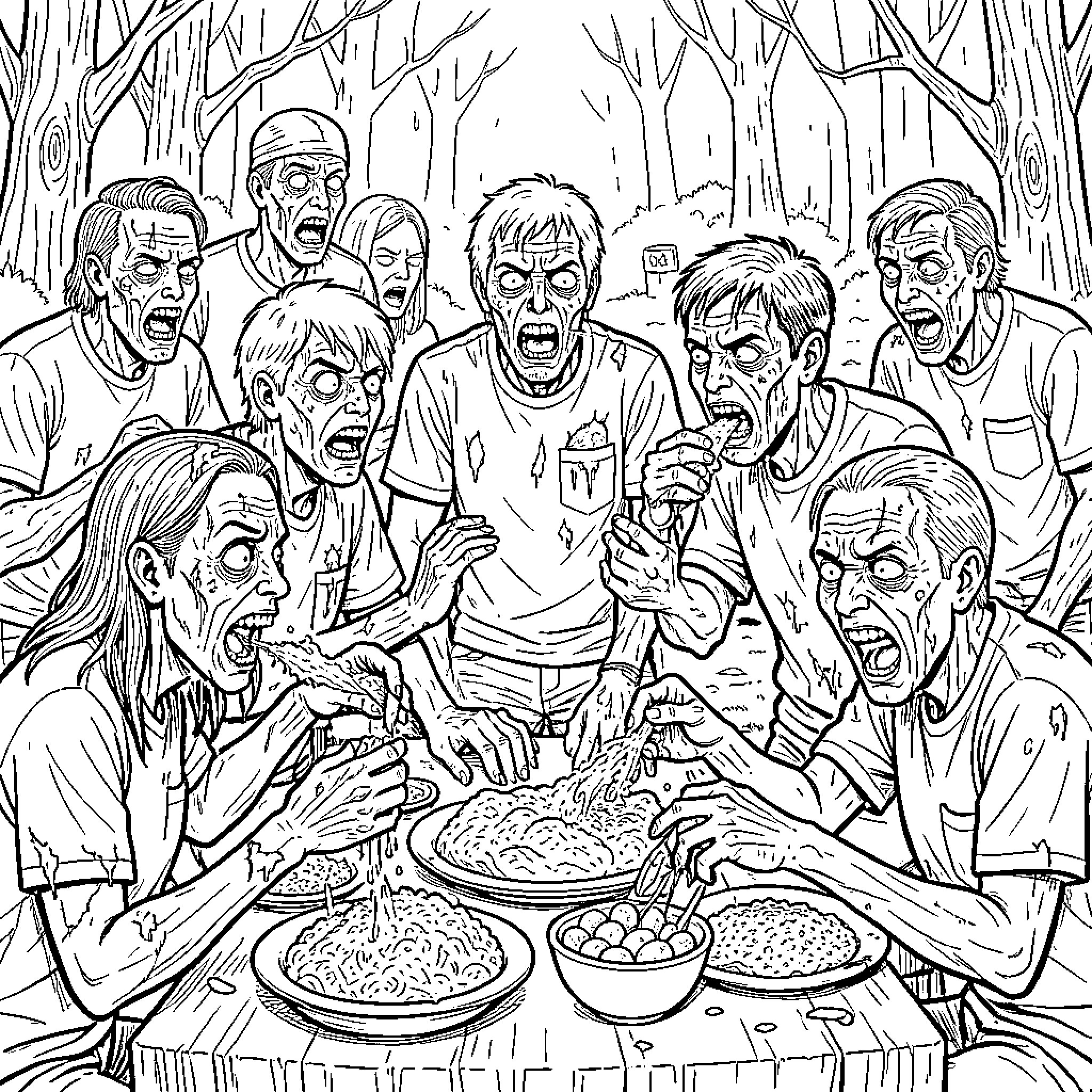 Zombie group eating food with hungry expressions Coloring Page (free black-and-white line drawing printable PDF for all, from beginners to advanced learners, including children, teens, adults, and seniors)