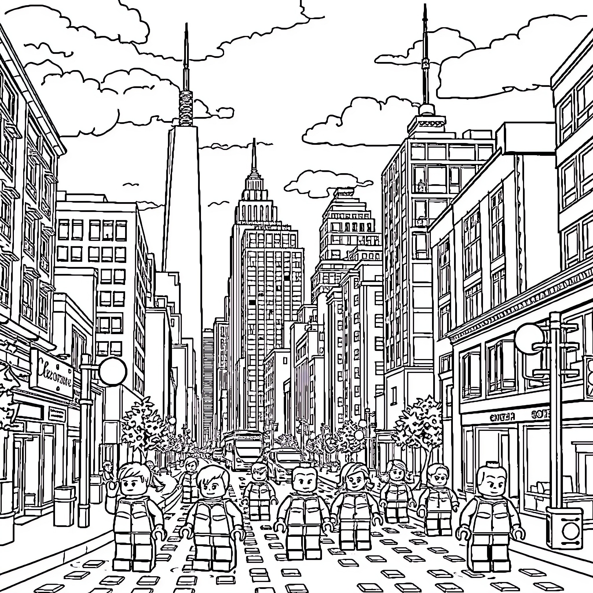 Lego minifigures exploring a bustling city skyline Coloring Page (free black-and-white line drawing printable PDF for all, from beginners to advanced learners, including children, teens, adults, and seniors)