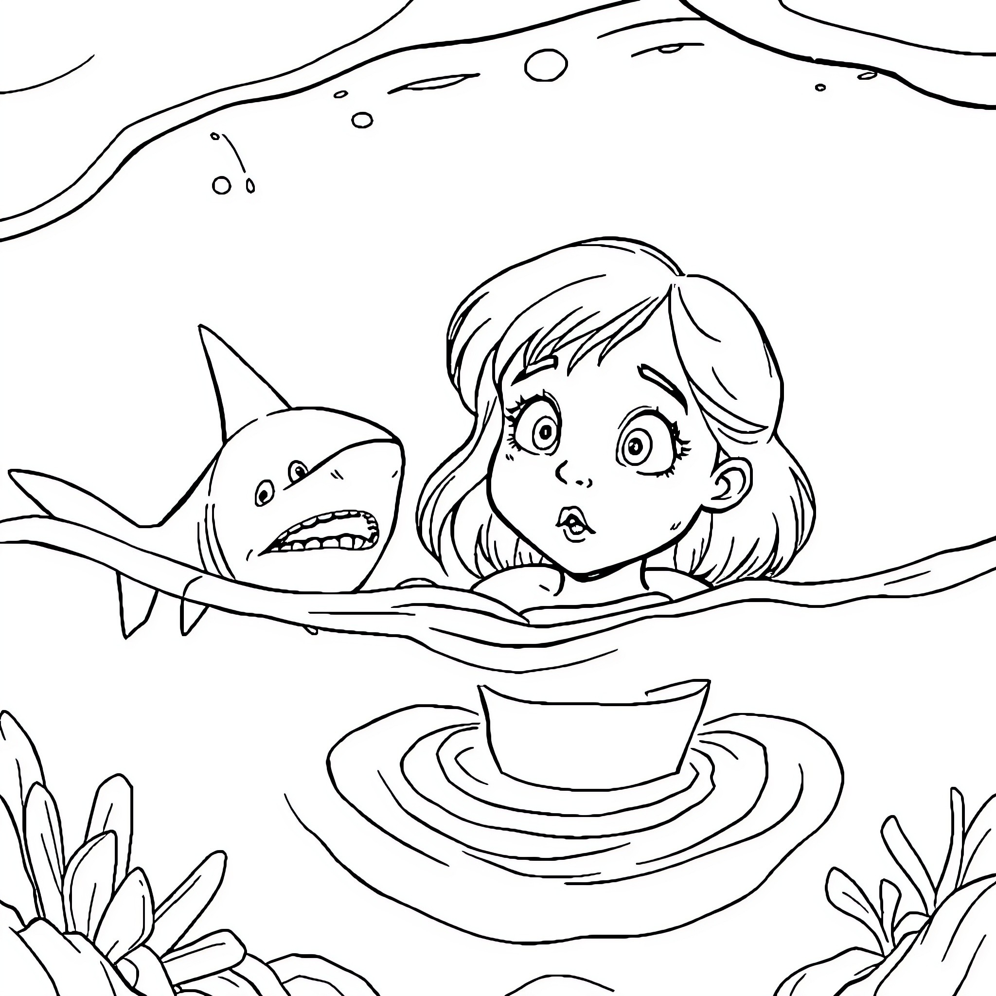 Shark surprising scared girl in the water Coloring Page (free black-and-white line drawing printable PDF for all, from beginners to advanced learners, including children, teens, adults, and seniors)