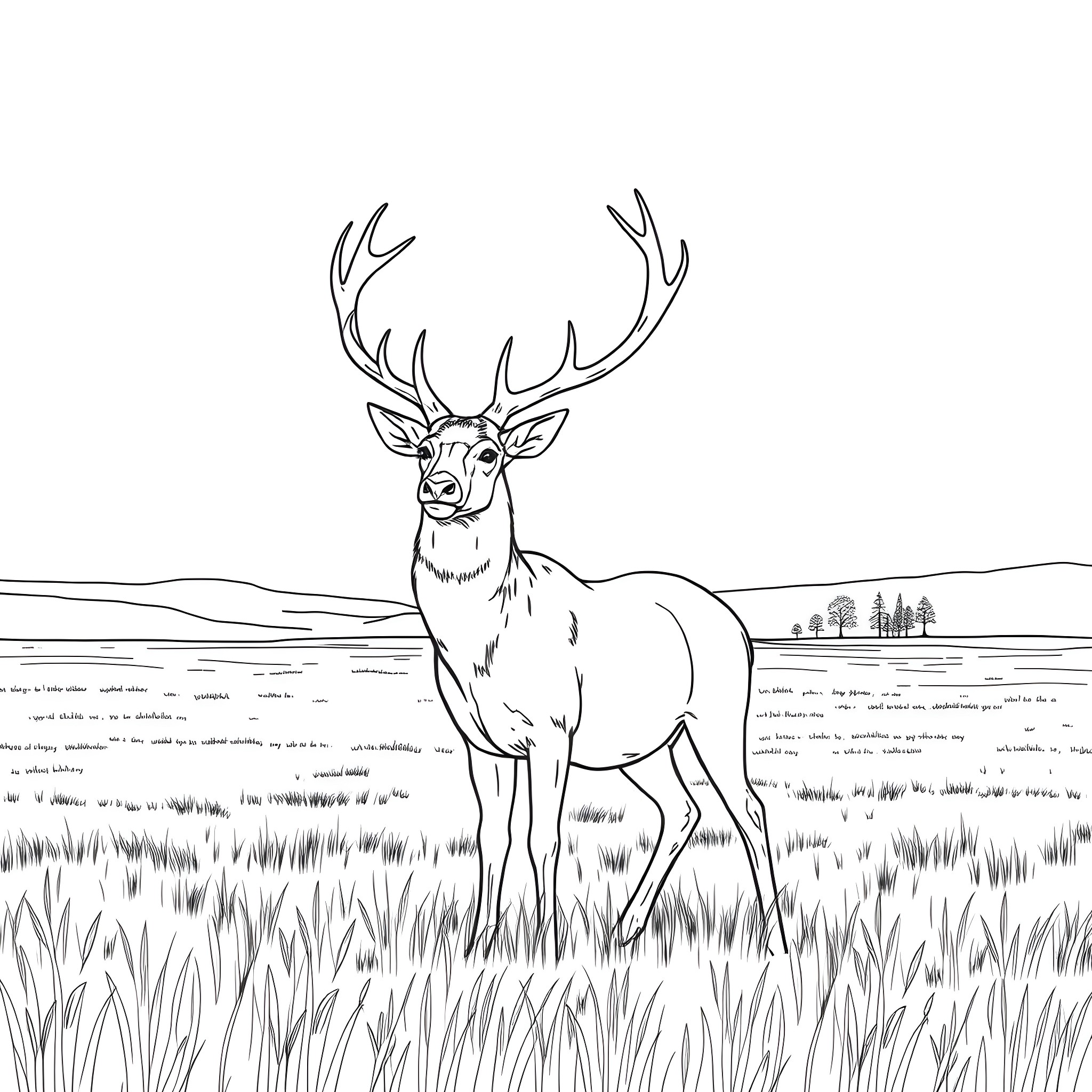 Deer standing majestically in a peaceful landscape Coloring Page (free black-and-white line drawing printable PDF for all, from beginners to advanced learners, including children, teens, adults, and seniors)