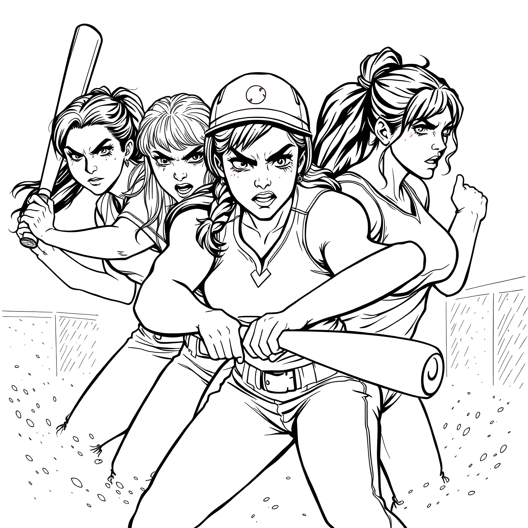 Woman baseball team posing for a group photo Coloring Page (free black-and-white line drawing printable PDF for all, from beginners to advanced learners, including children, teens, adults, and seniors)