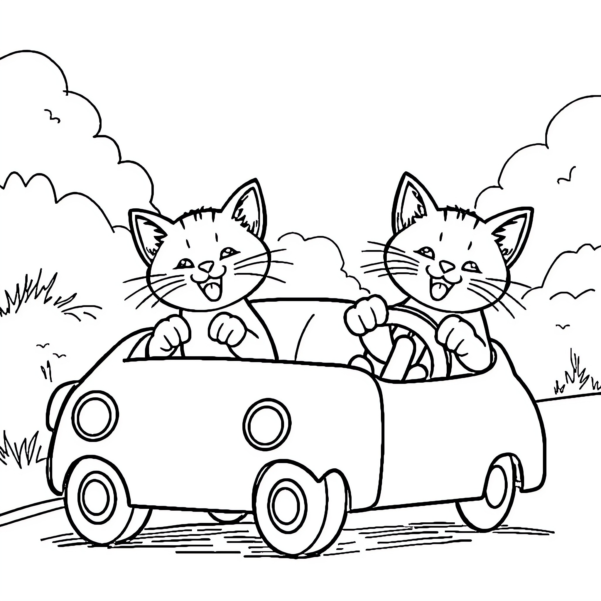 Cats riding in a cartoon car Coloring Page (free black-and-white line drawing printable PDF for all, from beginners to advanced learners, including children, teens, adults, and seniors)