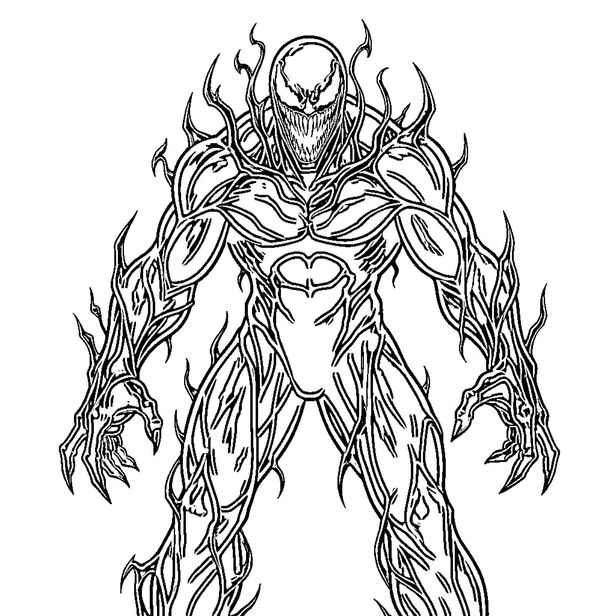 Venom standing in a powerful and menacing pose Coloring Page (free black-and-white line drawing printable PDF for all, from beginners to advanced learners, including children, teens, adults, and seniors)