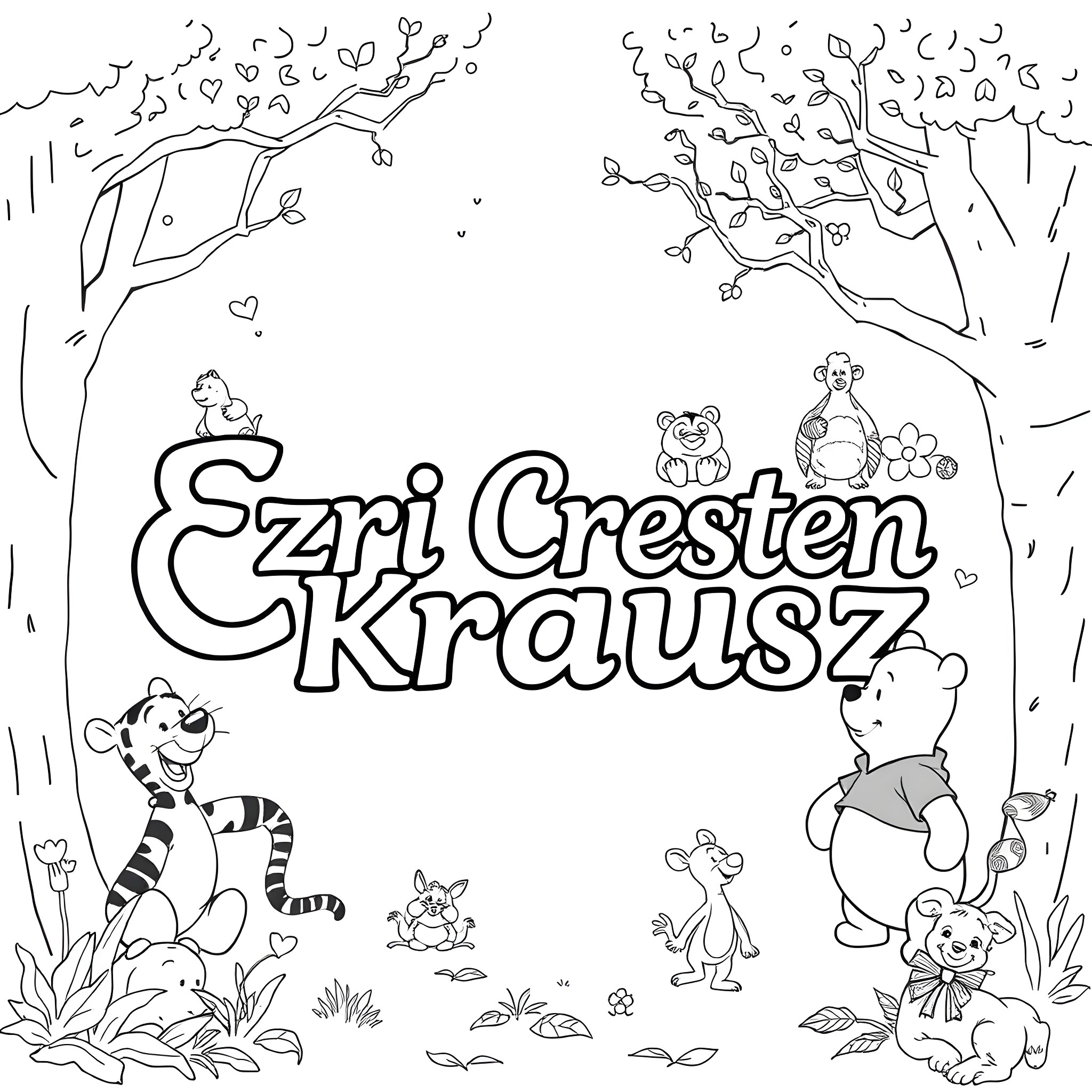 Winnie The Pooh and friends exploring a whimsical forest Coloring Page (free black-and-white line drawing printable PDF for all, from beginners to advanced learners, including children, teens, adults, and seniors)