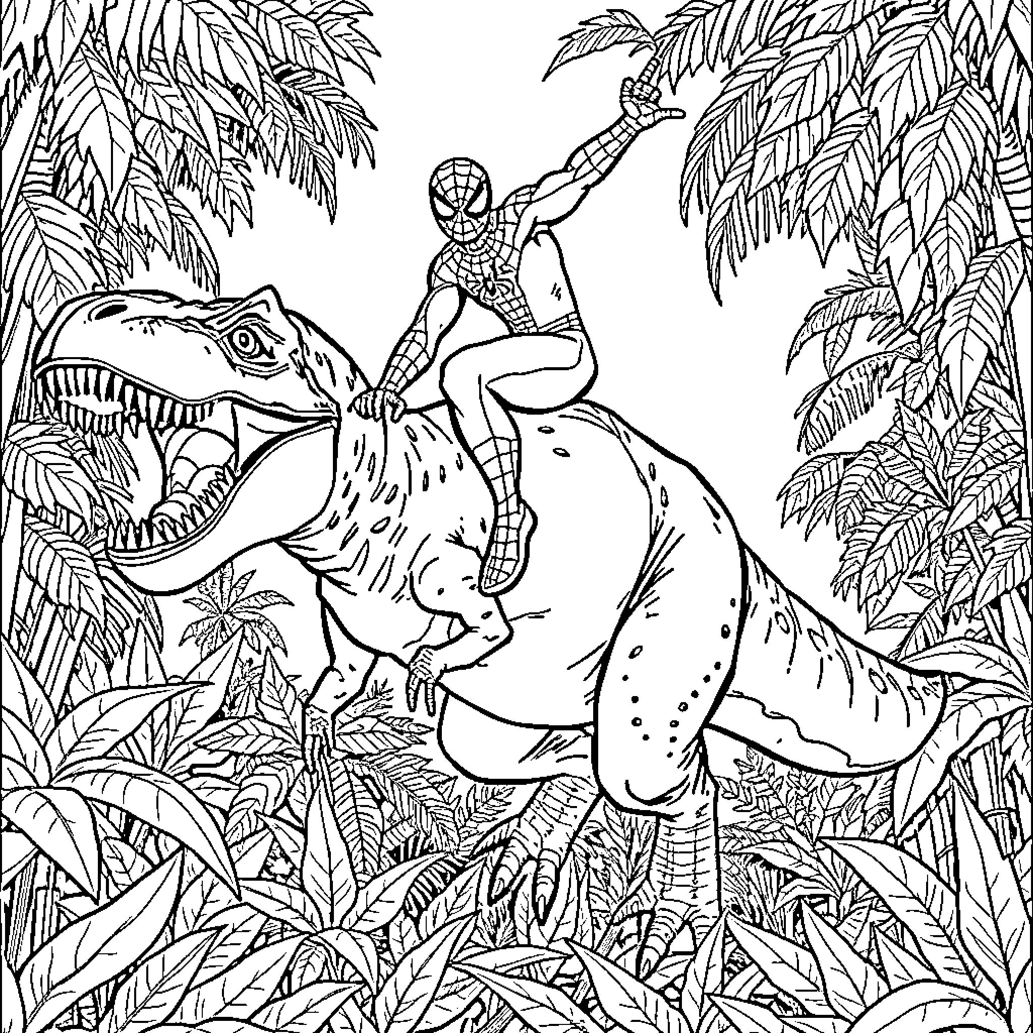 Spiderman swinging through a jungle on a dinosaur Coloring Page (free black-and-white line drawing printable PDF for all, from beginners to advanced learners, including children, teens, adults, and seniors)
