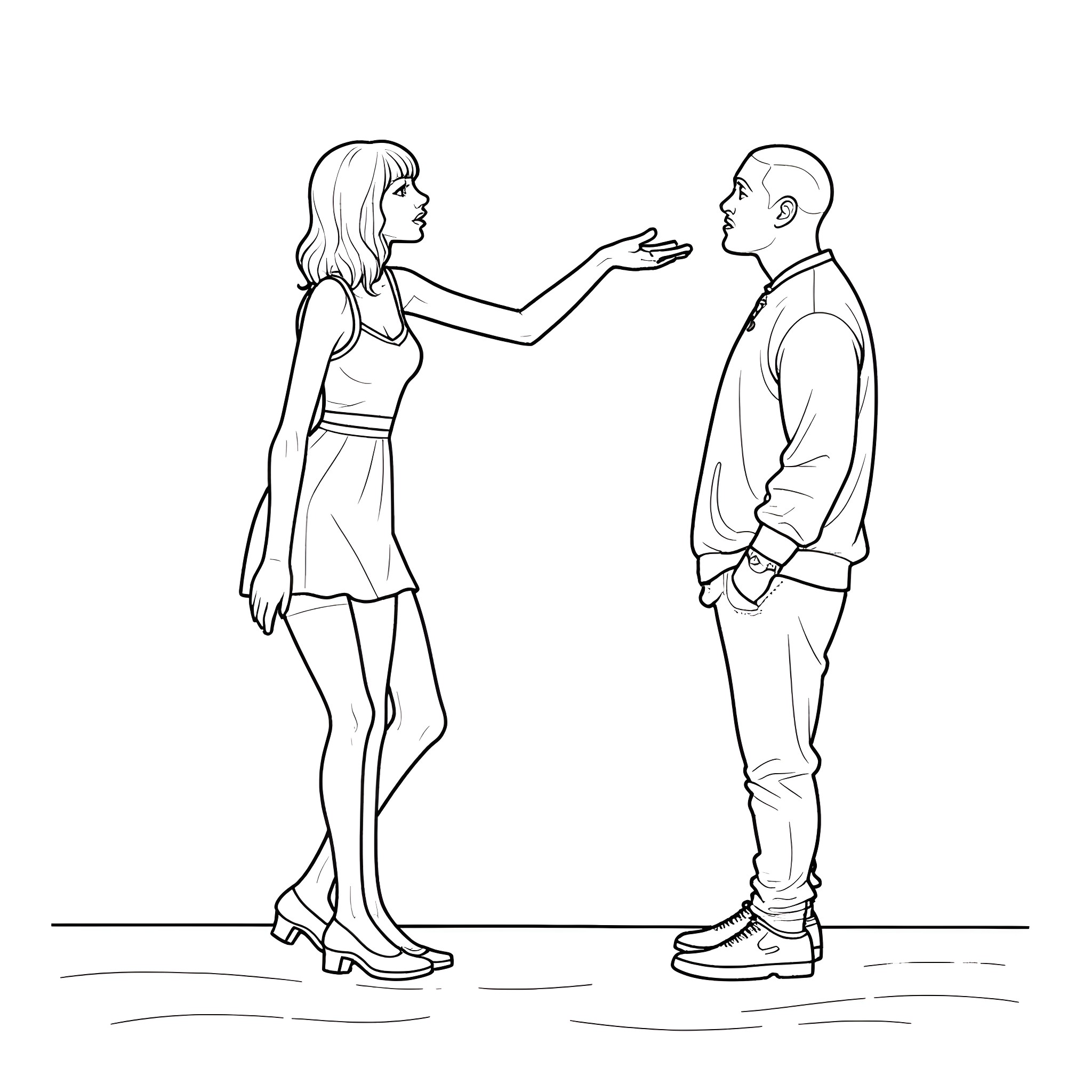 Taylor Swift talking to a man Coloring Page (free black-and-white line drawing printable PDF for all, from beginners to advanced learners, including children, teens, adults, and seniors)