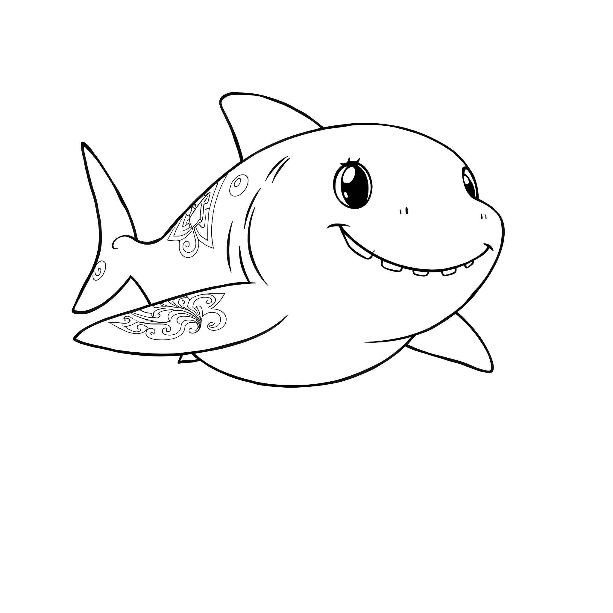 Shark swimming with a friendly expression Coloring Page (free black-and-white line drawing printable PDF for all, from beginners to advanced learners, including children, teens, adults, and seniors)