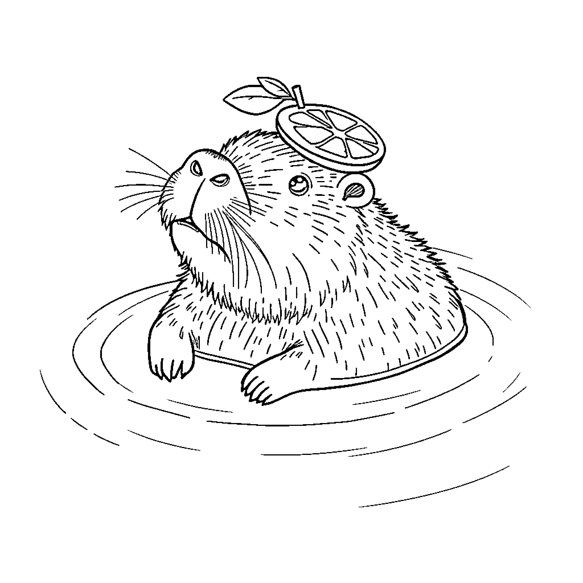 Capybara relaxing in water with citrus fruit Coloring Page (free black-and-white line drawing printable PDF for all, from beginners to advanced learners, including children, teens, adults, and seniors)