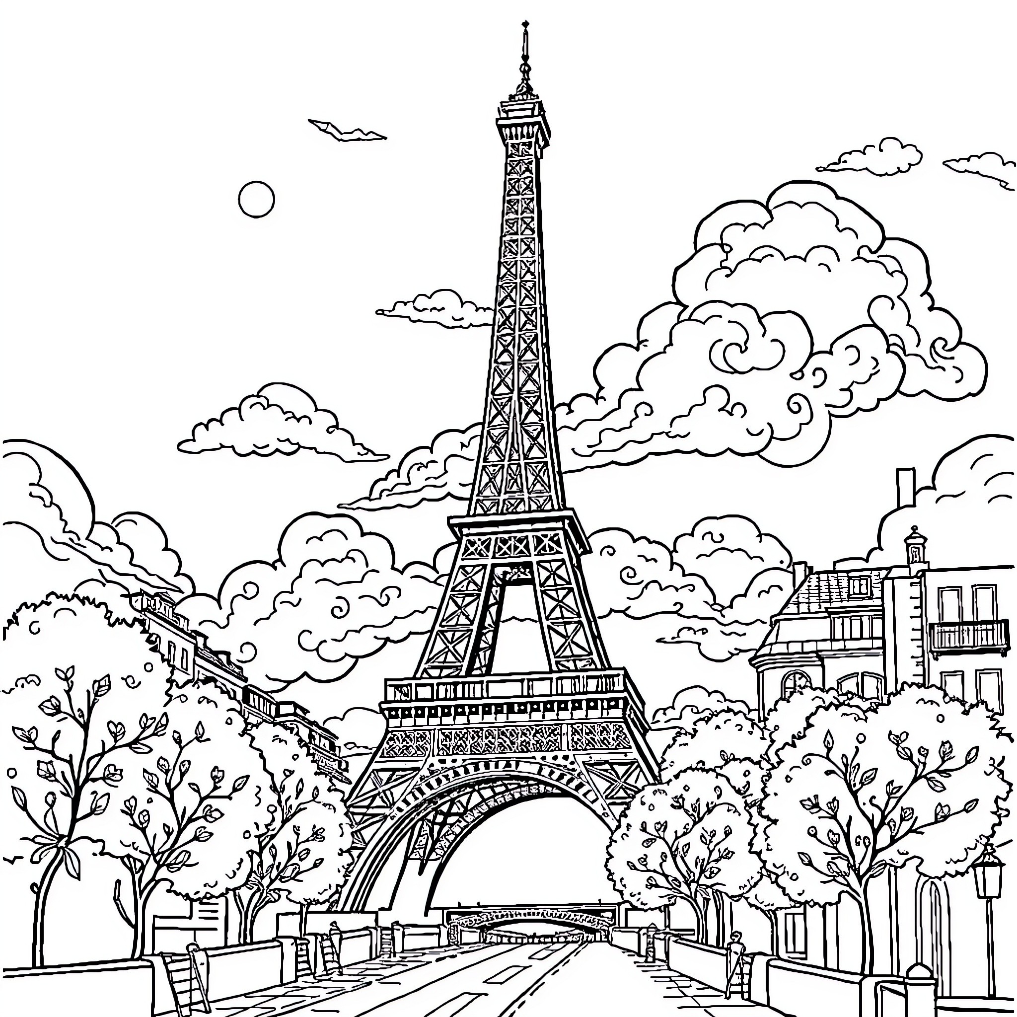 Paris city skyline with Eiffel Tower and cityscape Coloring Page (free black-and-white line drawing printable PDF for all, from beginners to advanced learners, including children, teens, adults, and seniors)