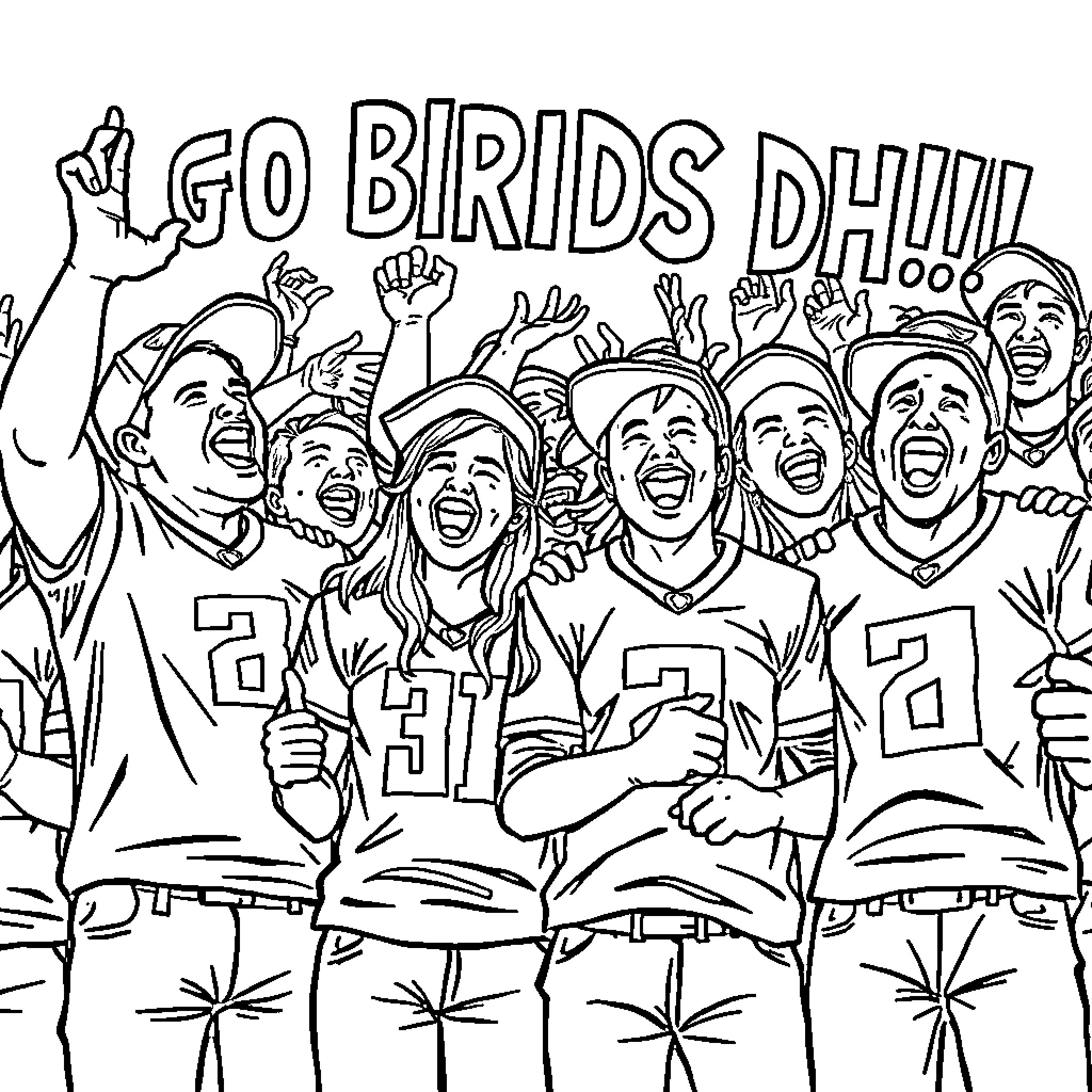 Eagle fans cheering enthusiastically at a game Coloring Page (free black-and-white line drawing printable PDF for all, from beginners to advanced learners, including children, teens, adults, and seniors)