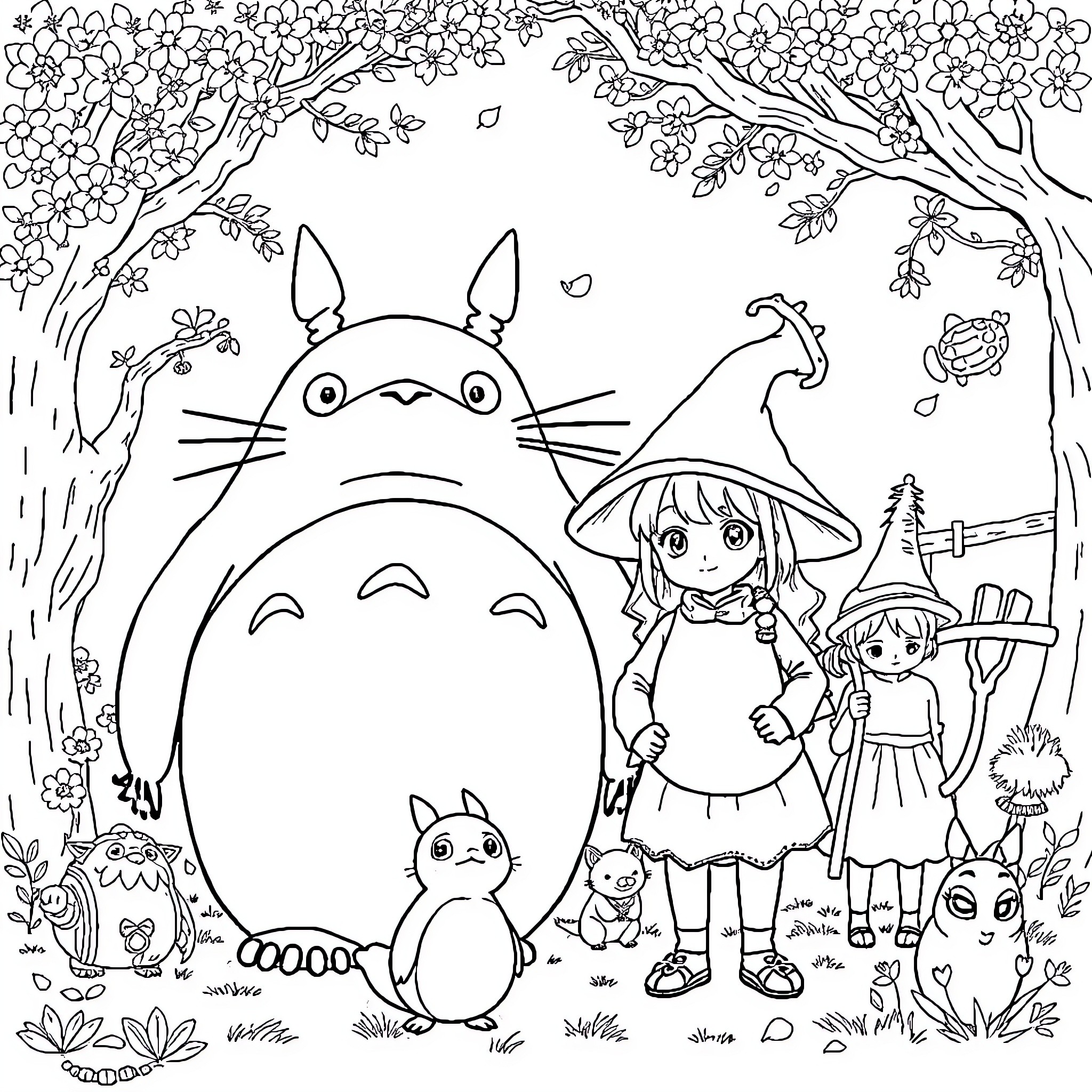 Studio Ghibli Characters Exploring the Forest Coloring Page (free black-and-white line drawing printable PDF for all, from beginners to advanced learners, including children, teens, adults, and seniors)