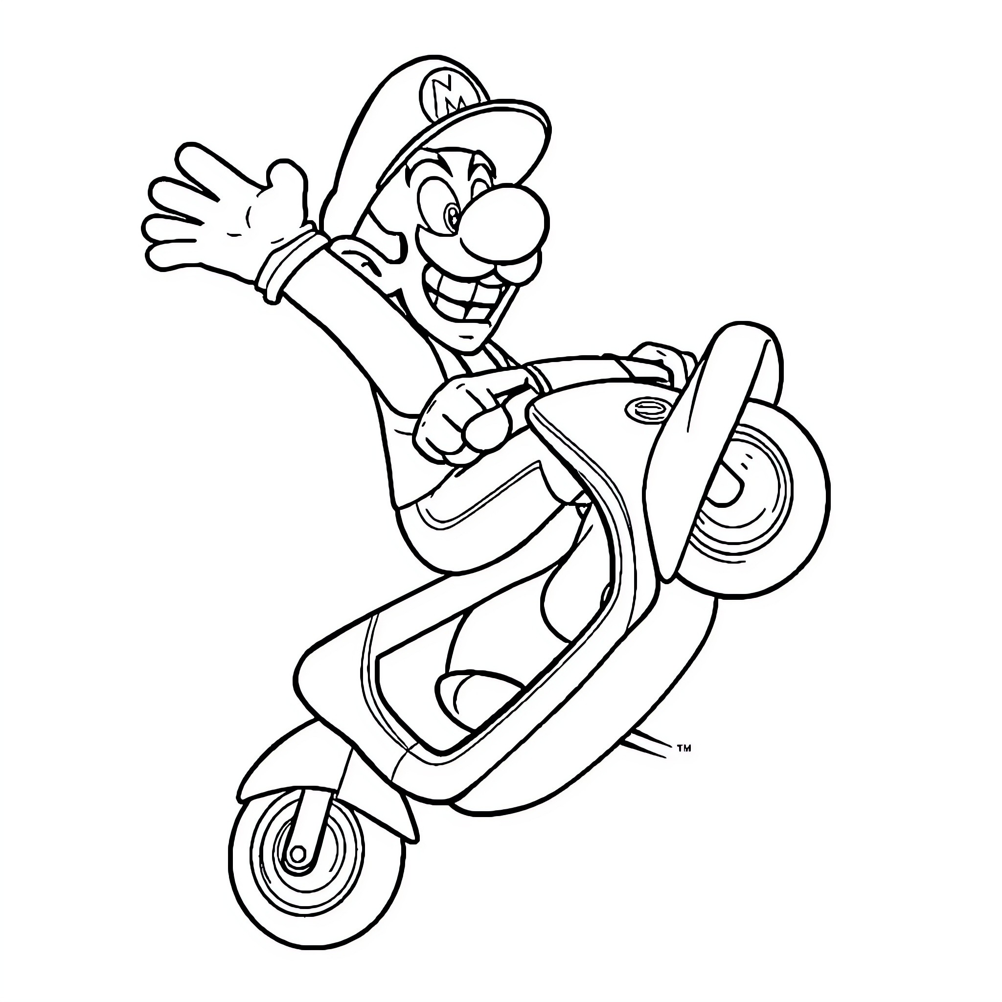 Waluigi rides a scooter with gleeful expression Coloring Page (free black-and-white line drawing printable PDF for all, from beginners to advanced learners, including children, teens, adults, and seniors)