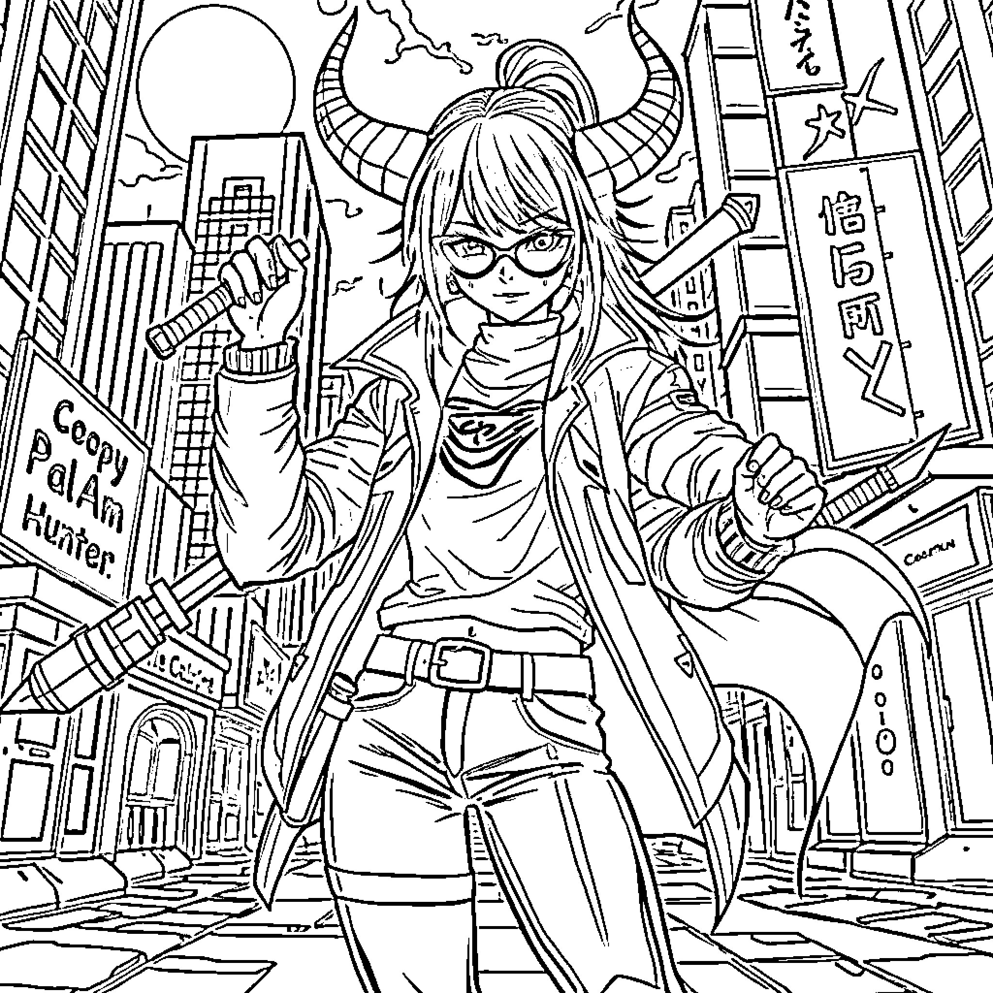 Mira's Adventurous Journey in the City Coloring Page (free black-and-white line drawing printable PDF for all, from beginners to advanced learners, including children, teens, adults, and seniors)