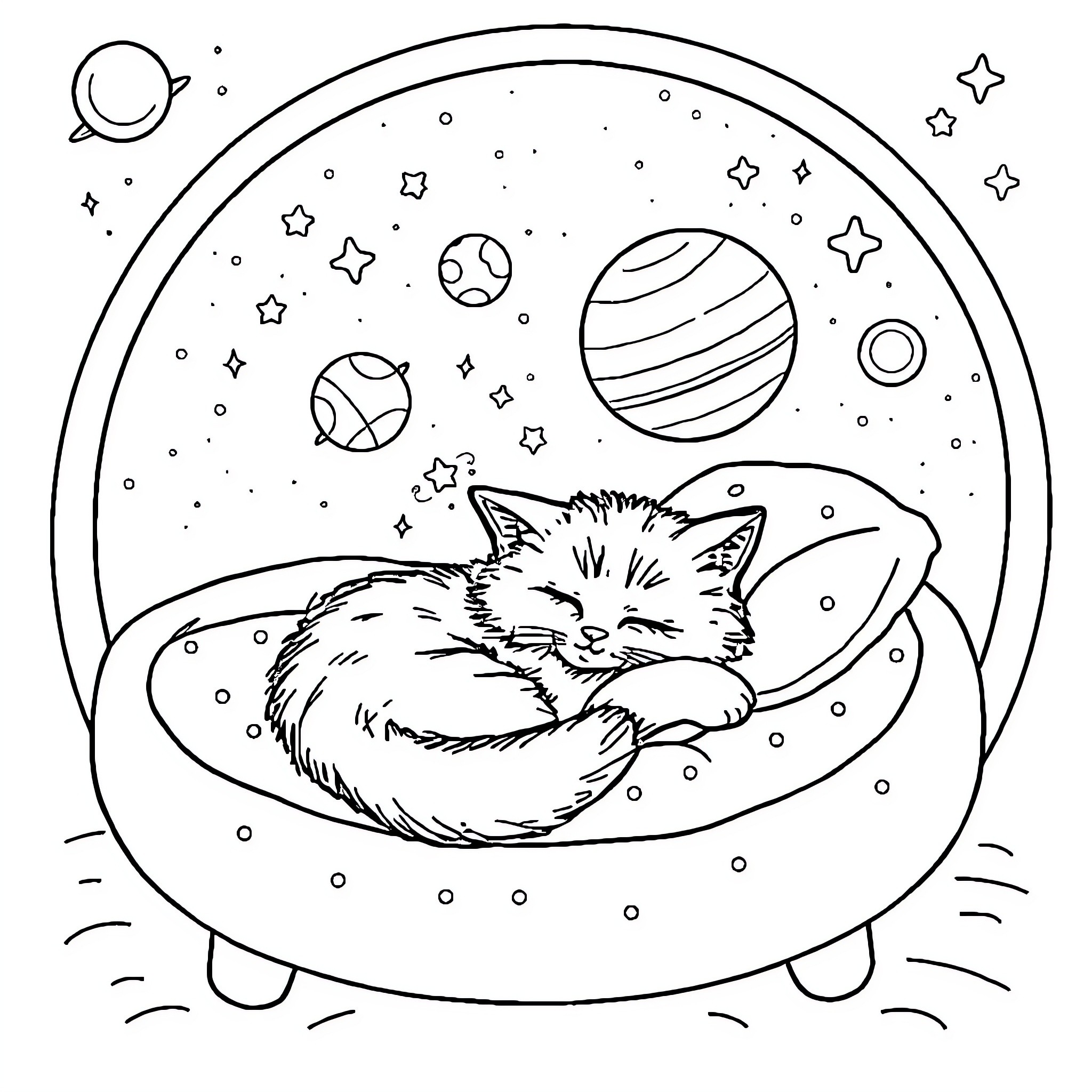 Cat Sleeping in a Cosmic Bubble Coloring Page (free black-and-white line drawing printable PDF for all, from beginners to advanced learners, including children, teens, adults, and seniors)