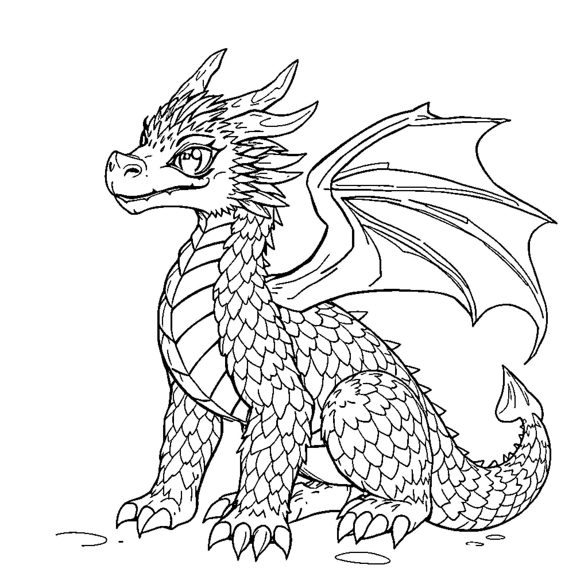 Dragon Spreading Its Majestic Wings Coloring Page (free black-and-white line drawing printable PDF for all, from beginners to advanced learners, including children, teens, adults, and seniors)
