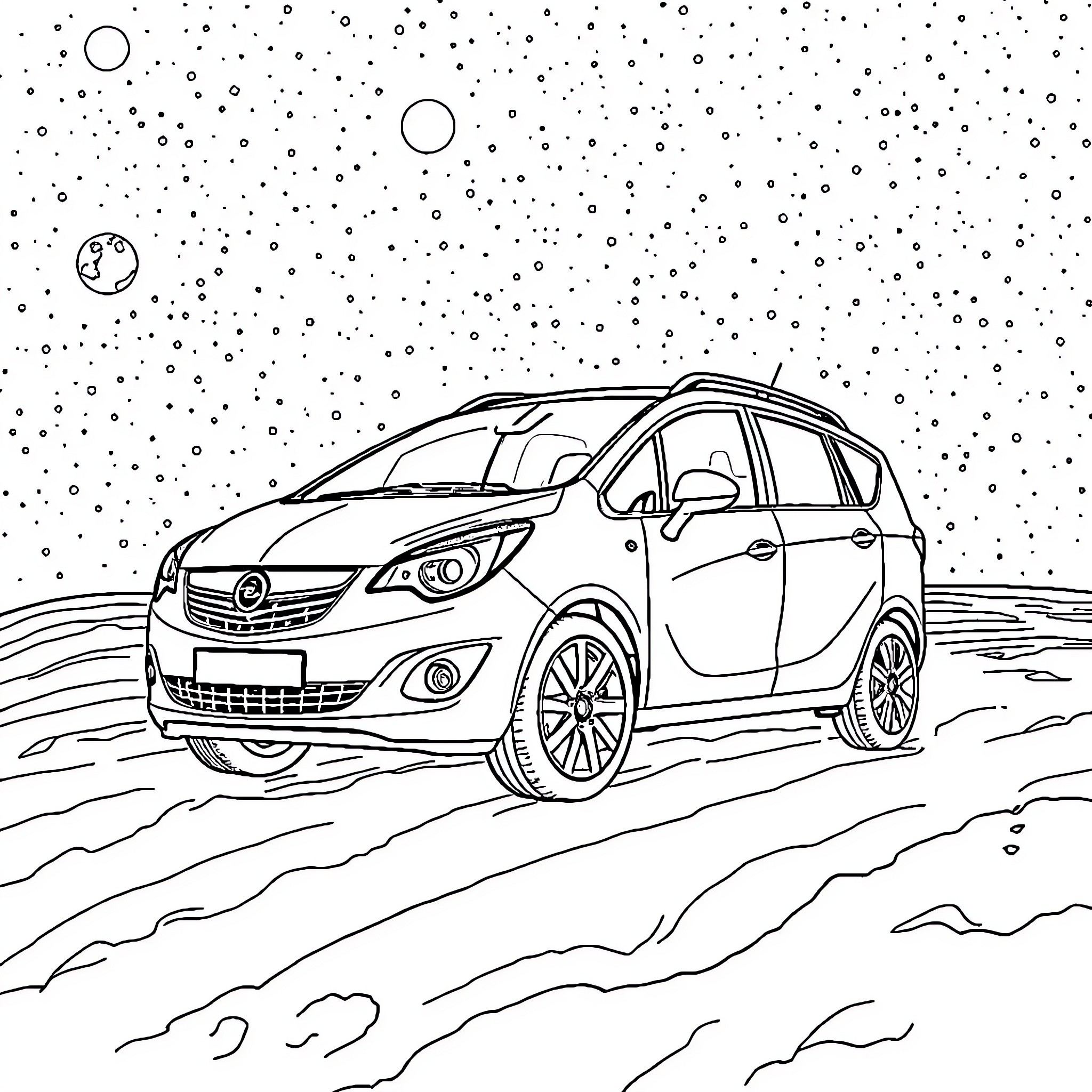 Opel Meriva driving through snowy landscape Coloring Page (free black-and-white line drawing printable PDF for all, from beginners to advanced learners, including children, teens, adults, and seniors)