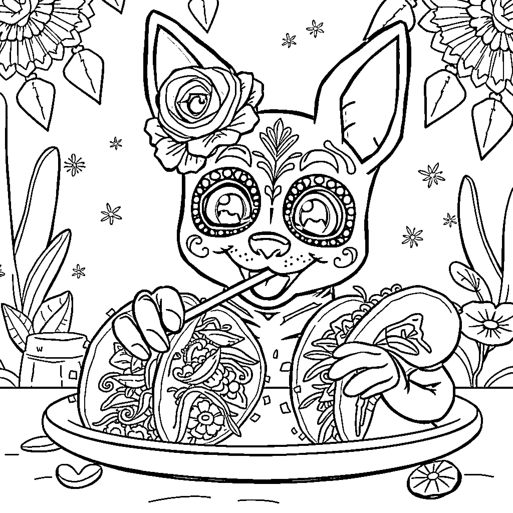 Huntrix's Playful Catnap in Floral Garden Coloring Page (free black-and-white line drawing printable PDF for all, from beginners to advanced learners, including children, teens, adults, and seniors)