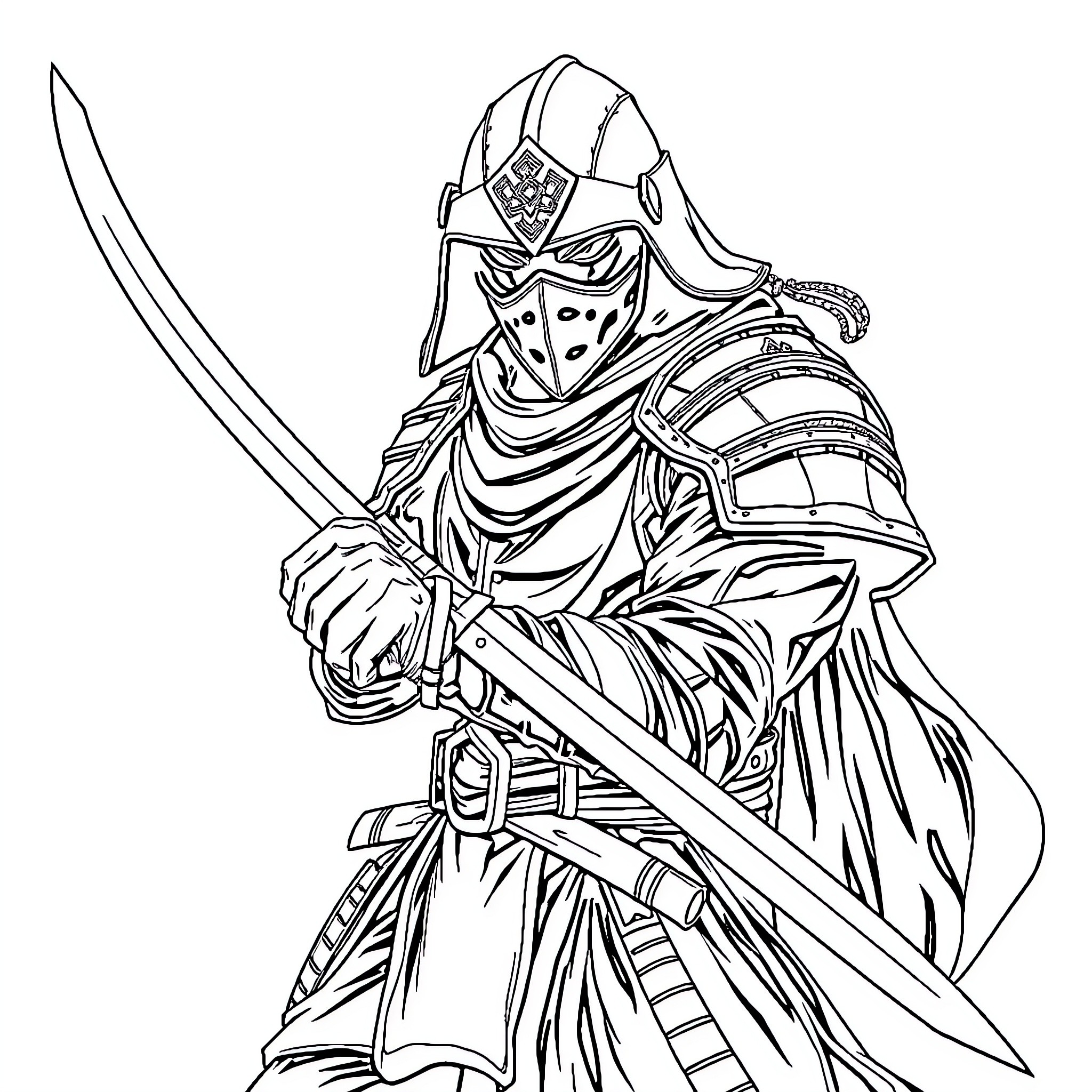 Samurai Warrior with Sword Drawn in Battle Stance Coloring Page (free black-and-white line drawing printable PDF for all, from beginners to advanced learners, including children, teens, adults, and seniors)