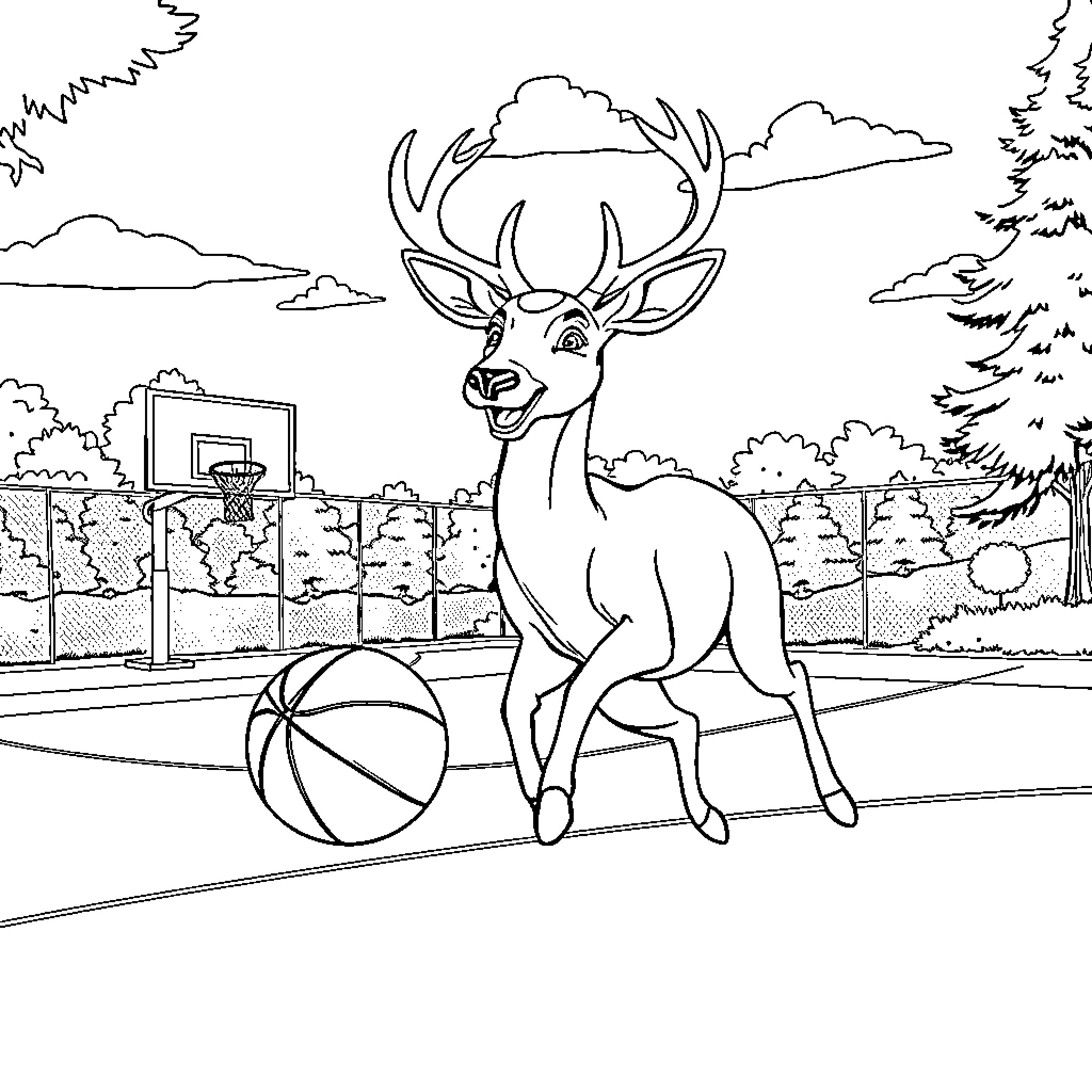 Deer playing with basketball on basketball court Coloring Page (free black-and-white line drawing printable PDF for all, from beginners to advanced learners, including children, teens, adults, and seniors)