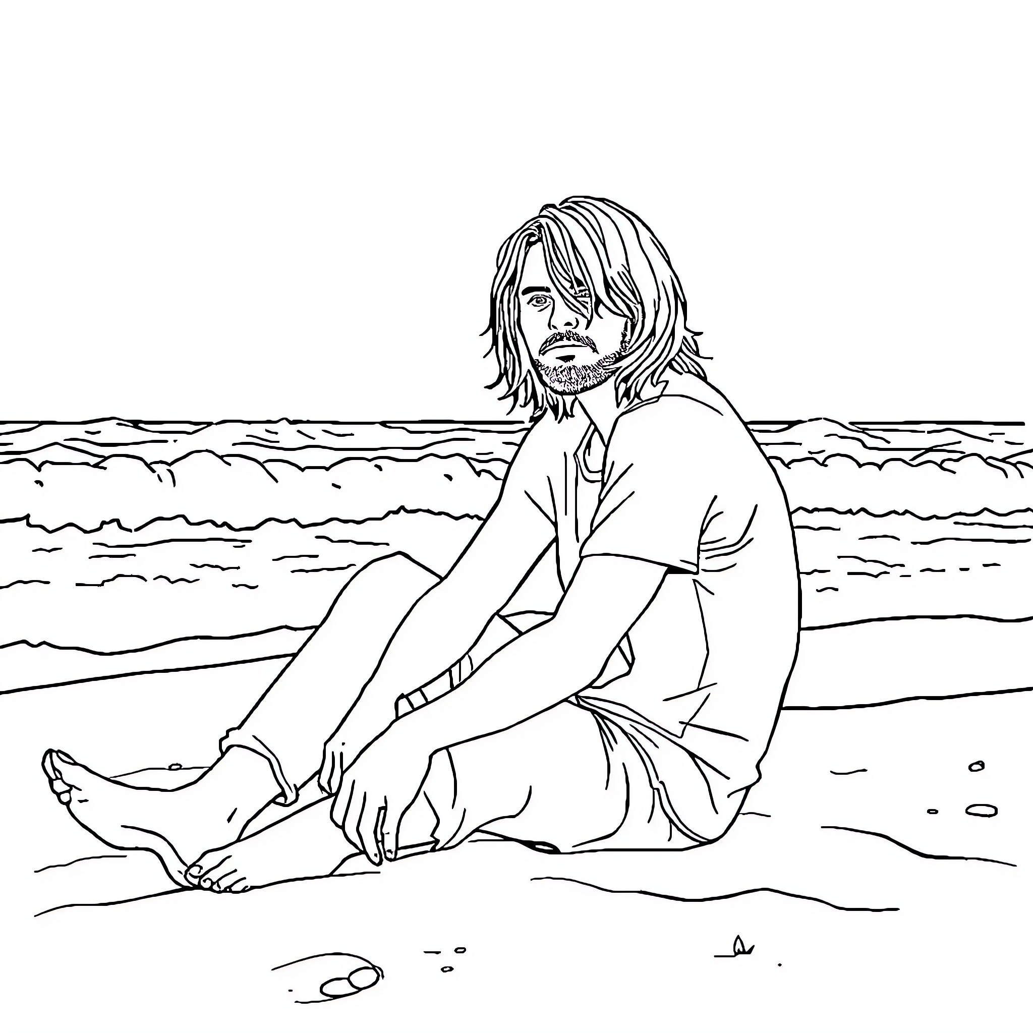 Kurt Cobain sitting alone on the beach Coloring Page (free black-and-white line drawing printable PDF for all, from beginners to advanced learners, including children, teens, adults, and seniors)