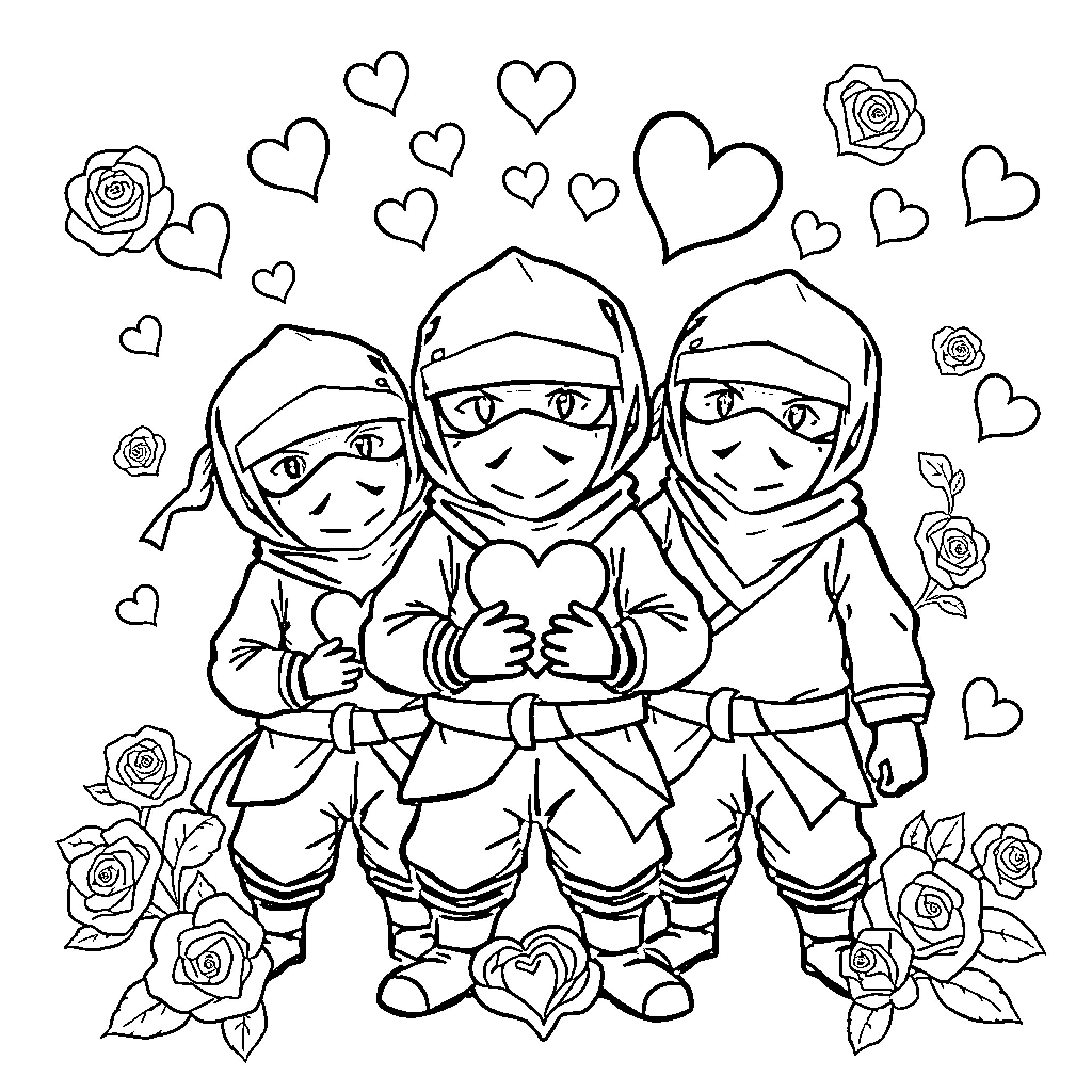 Ninja Friends with Hearts and Roses Coloring Page (free black-and-white line drawing printable PDF for all, from beginners to advanced learners, including children, teens, adults, and seniors)