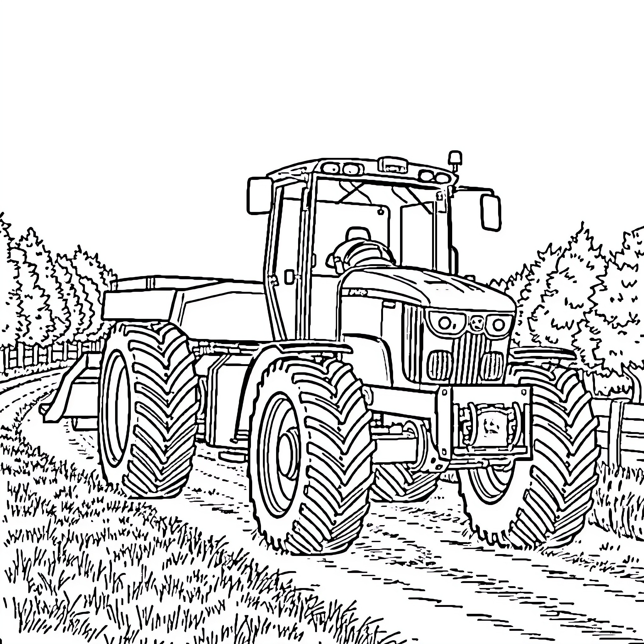 Tractor working diligently in rural field Coloring Page (free black-and-white line drawing printable PDF for all, from beginners to advanced learners, including children, teens, adults, and seniors)