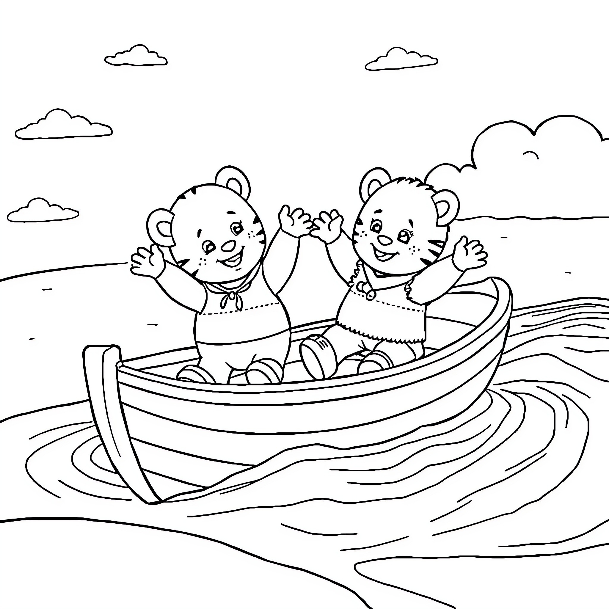 Tiger friends enjoying a boat ride on the river Coloring Page (free black-and-white line drawing printable PDF for all, from beginners to advanced learners, including children, teens, adults, and seniors)