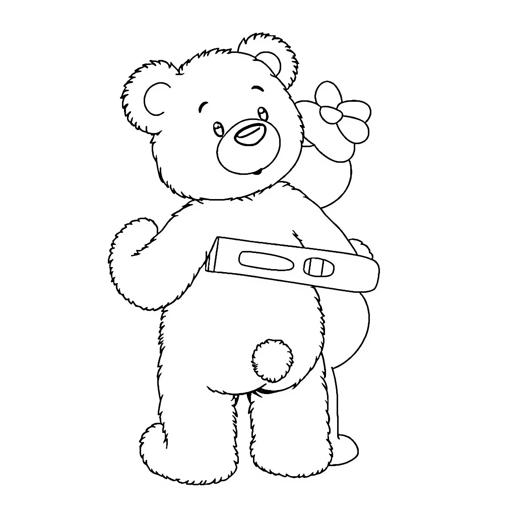 Teddy Bear Holding Flower with Pregnancy Test Coloring Page (free black-and-white line drawing printable PDF for all, from beginners to advanced learners, including children, teens, adults, and seniors)