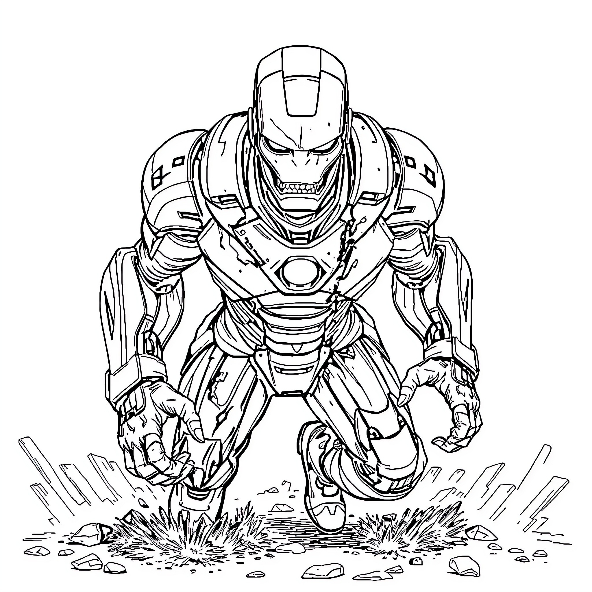 Iron Man heroically charging through the scene Coloring Page (free black-and-white line drawing printable PDF for all, from beginners to advanced learners, including children, teens, adults, and seniors)