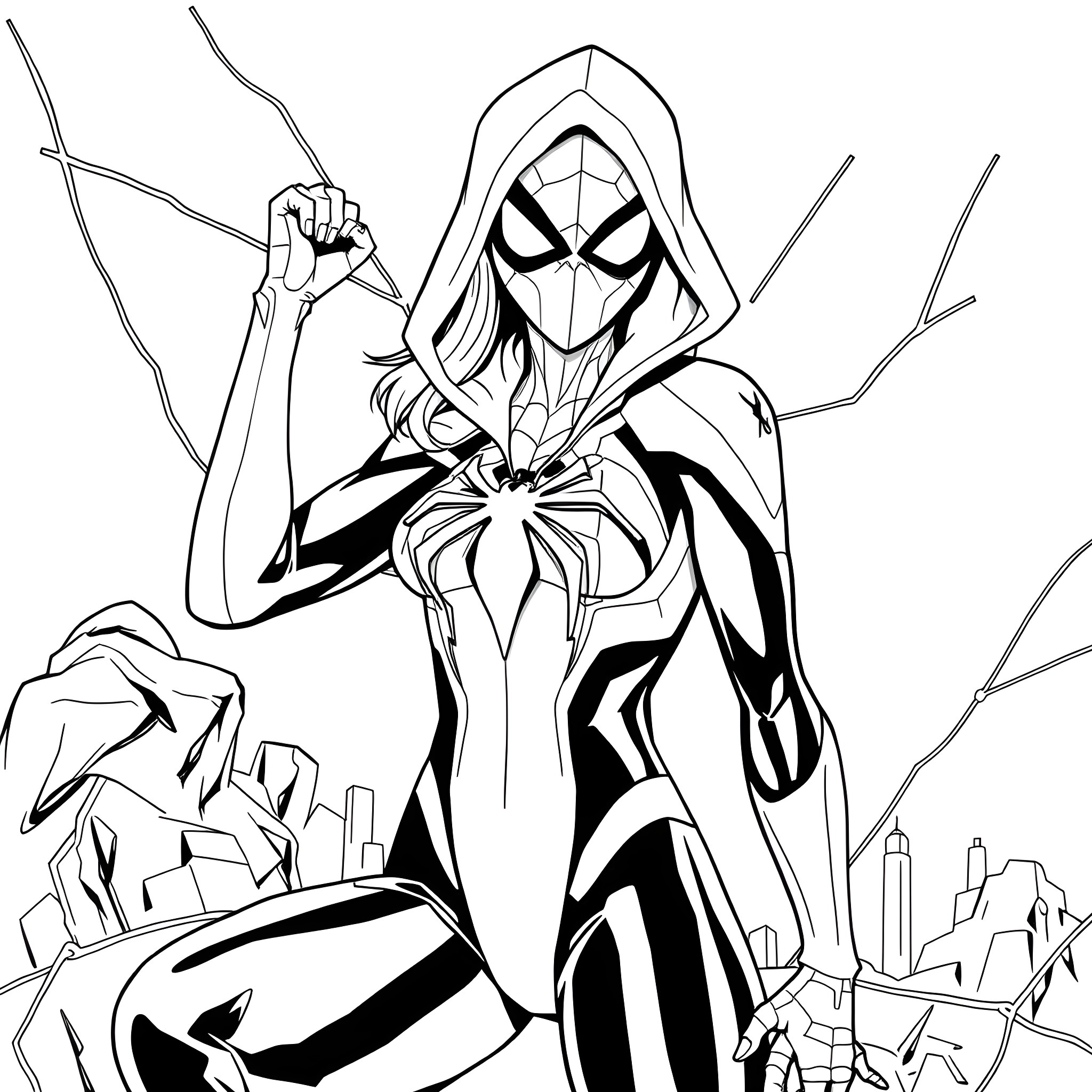 Gwen Stacy taking action in the city Coloring Page (free black-and-white line drawing printable PDF for all, from beginners to advanced learners, including children, teens, adults, and seniors)